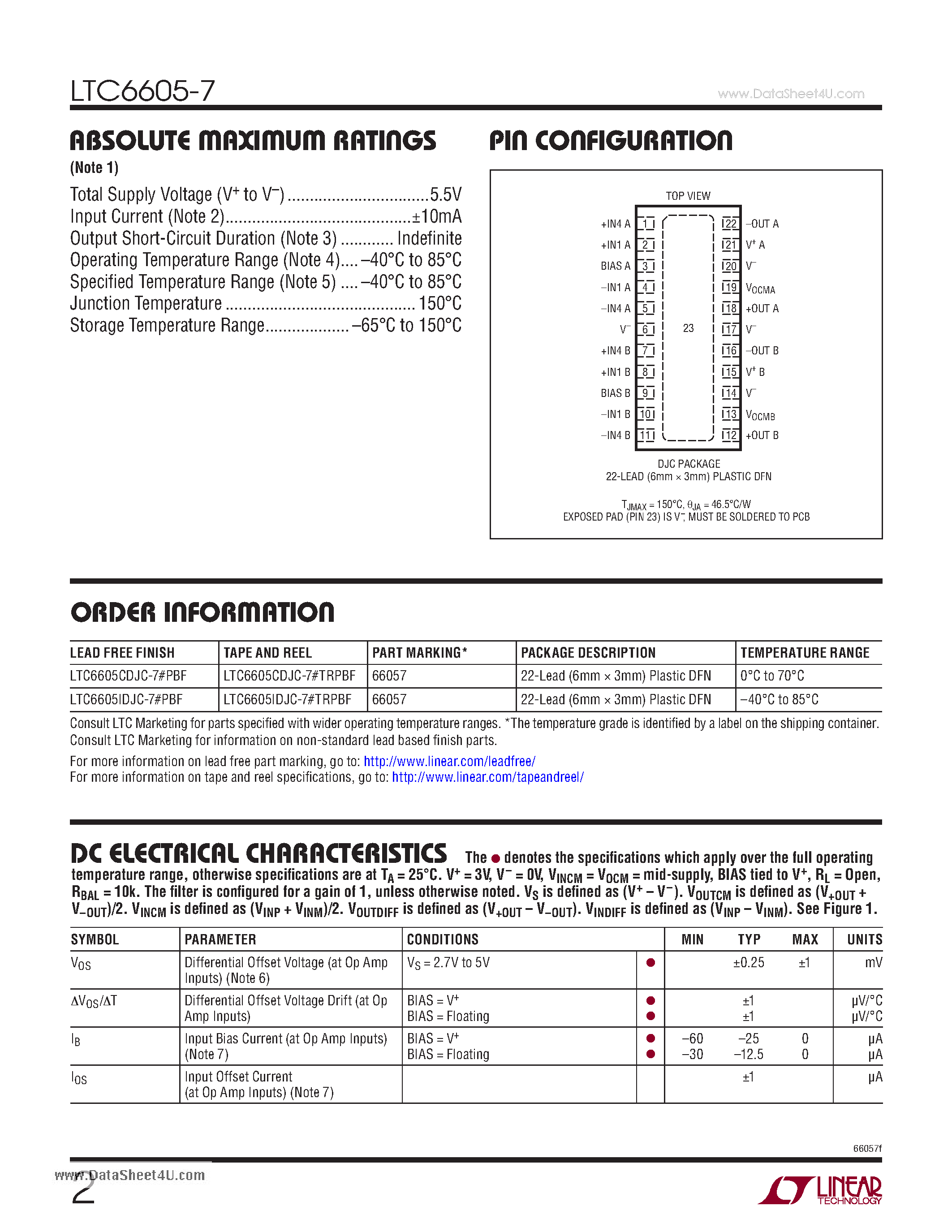 Datasheet LTC6605-7 - Dual Matched 7MHz Filter page 2