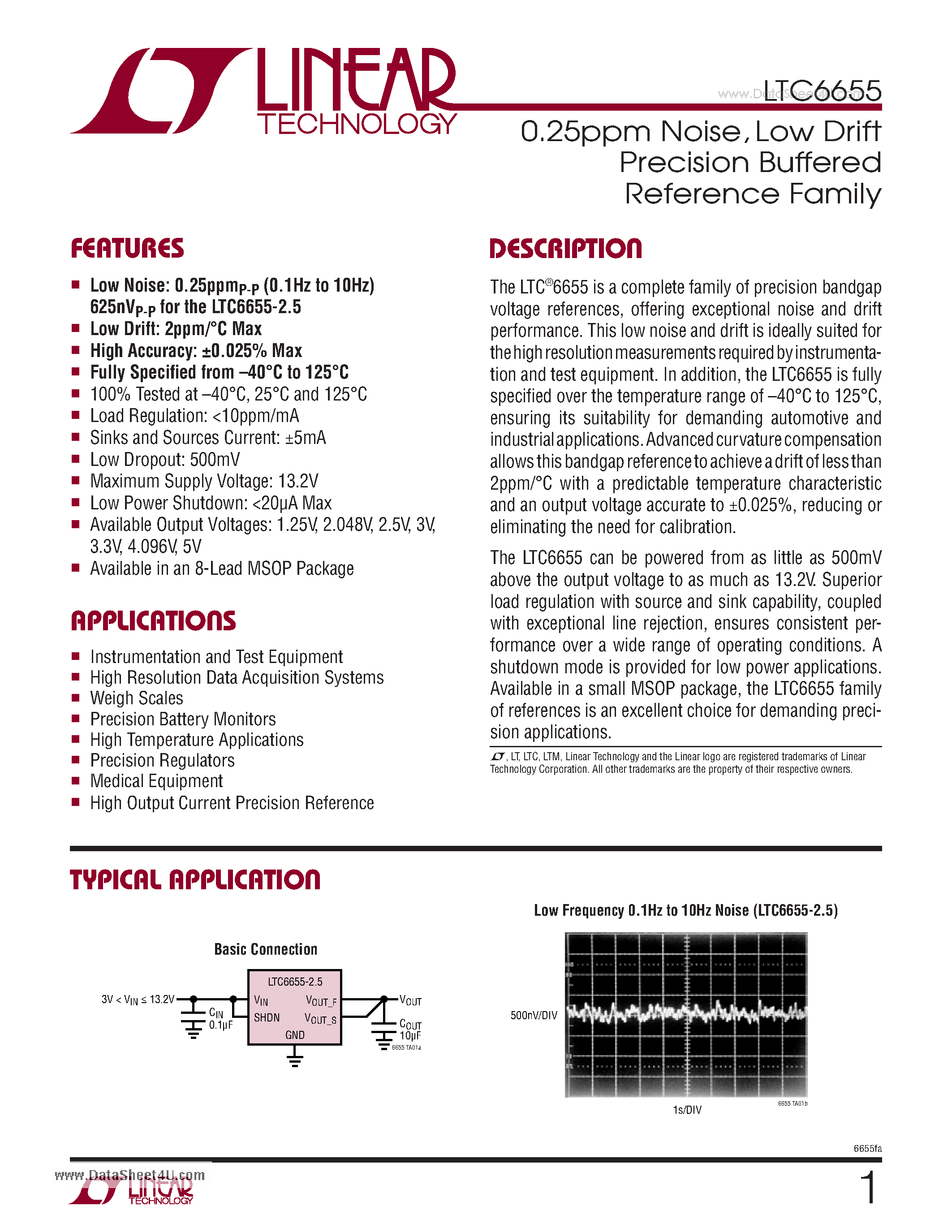 Datasheet LTC6655 page 1 Datasheet LTC6655 - 0.25ppm Noise Low Drift Precision Buffered Reference Family page 1