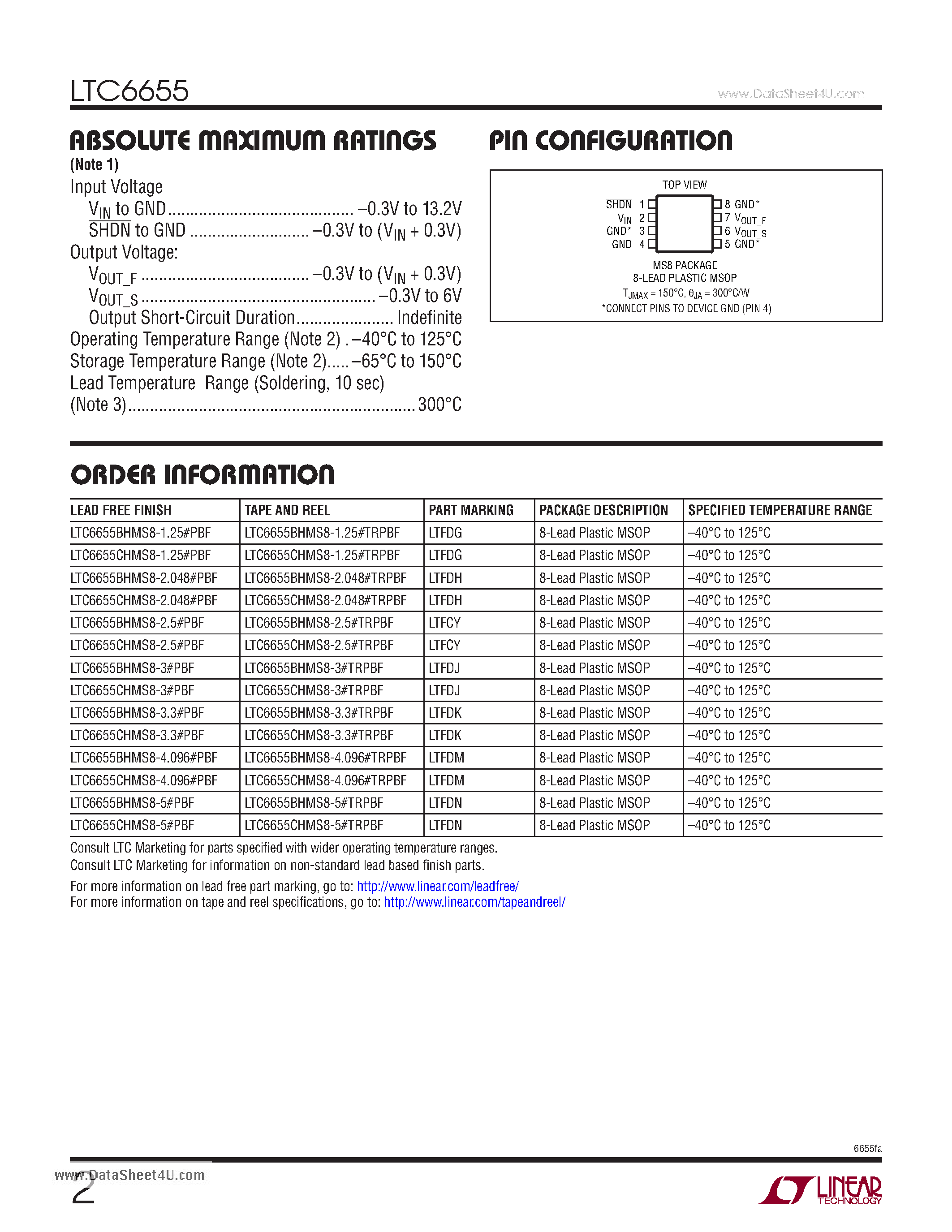 Datasheet LTC6655 page 2 Datasheet LTC6655 - 0.25ppm Noise Low Drift Precision Buffered Reference Family page 2