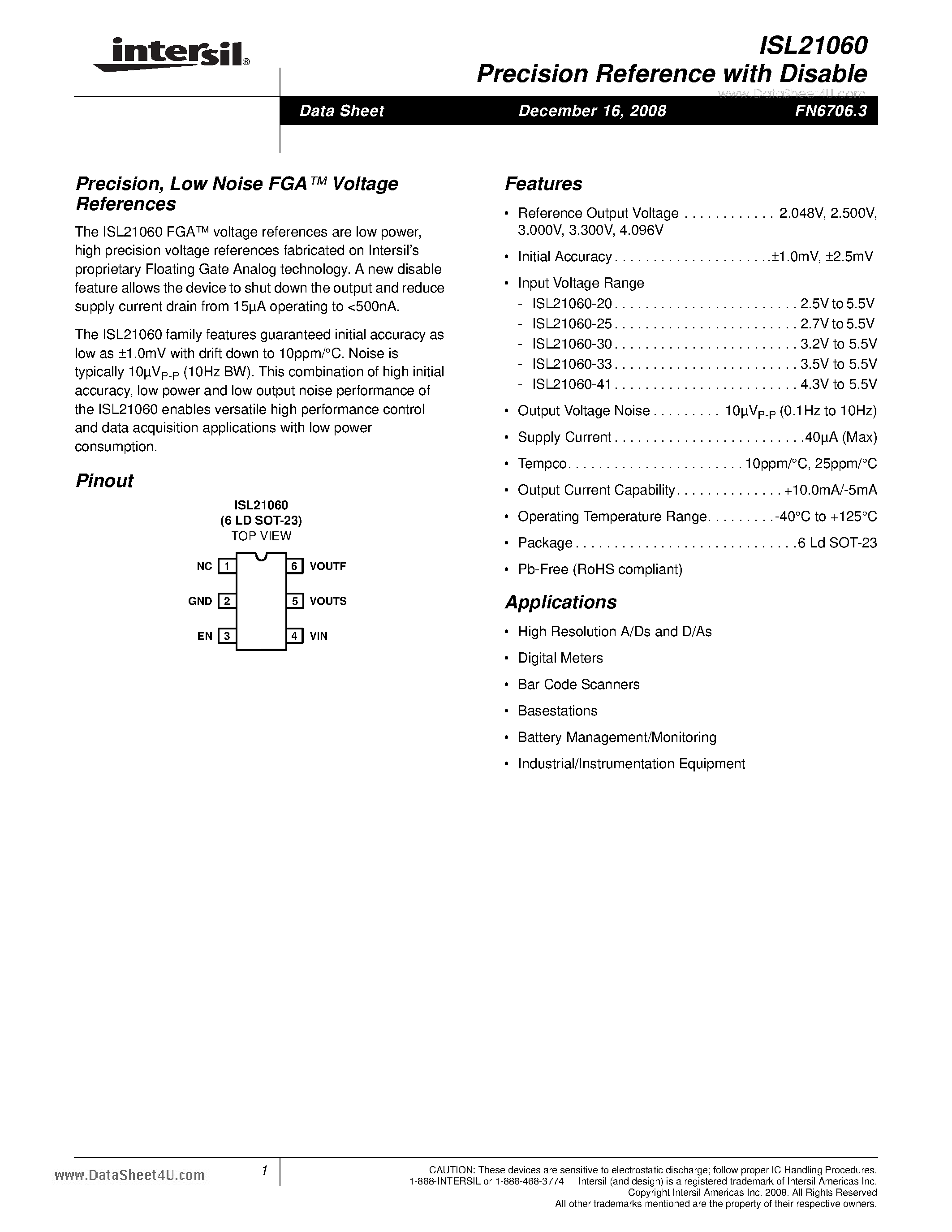 Datasheet ISL21060 - Precision Reference page 1