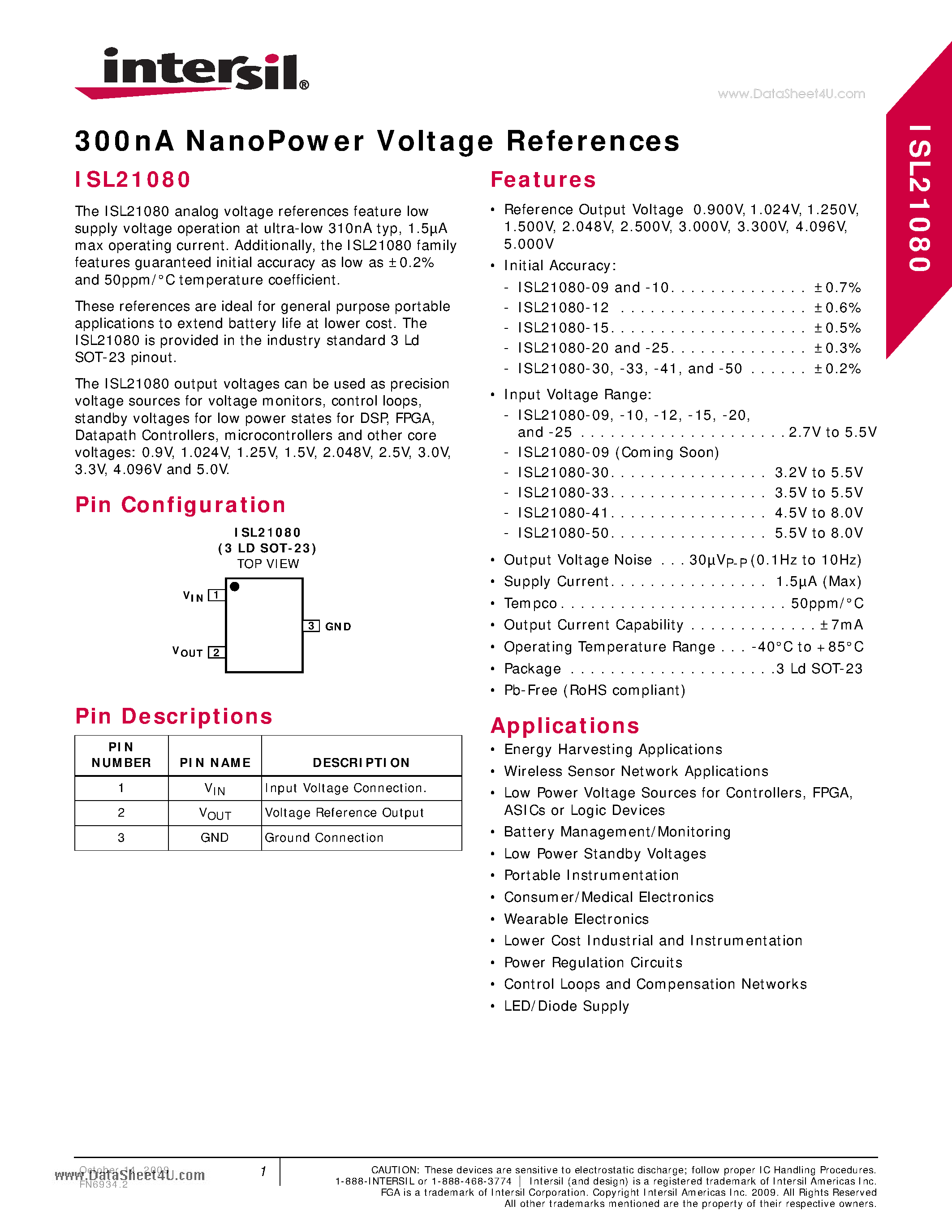 Datasheet ISL21080 - 300nA NanoPower Voltage References page 1