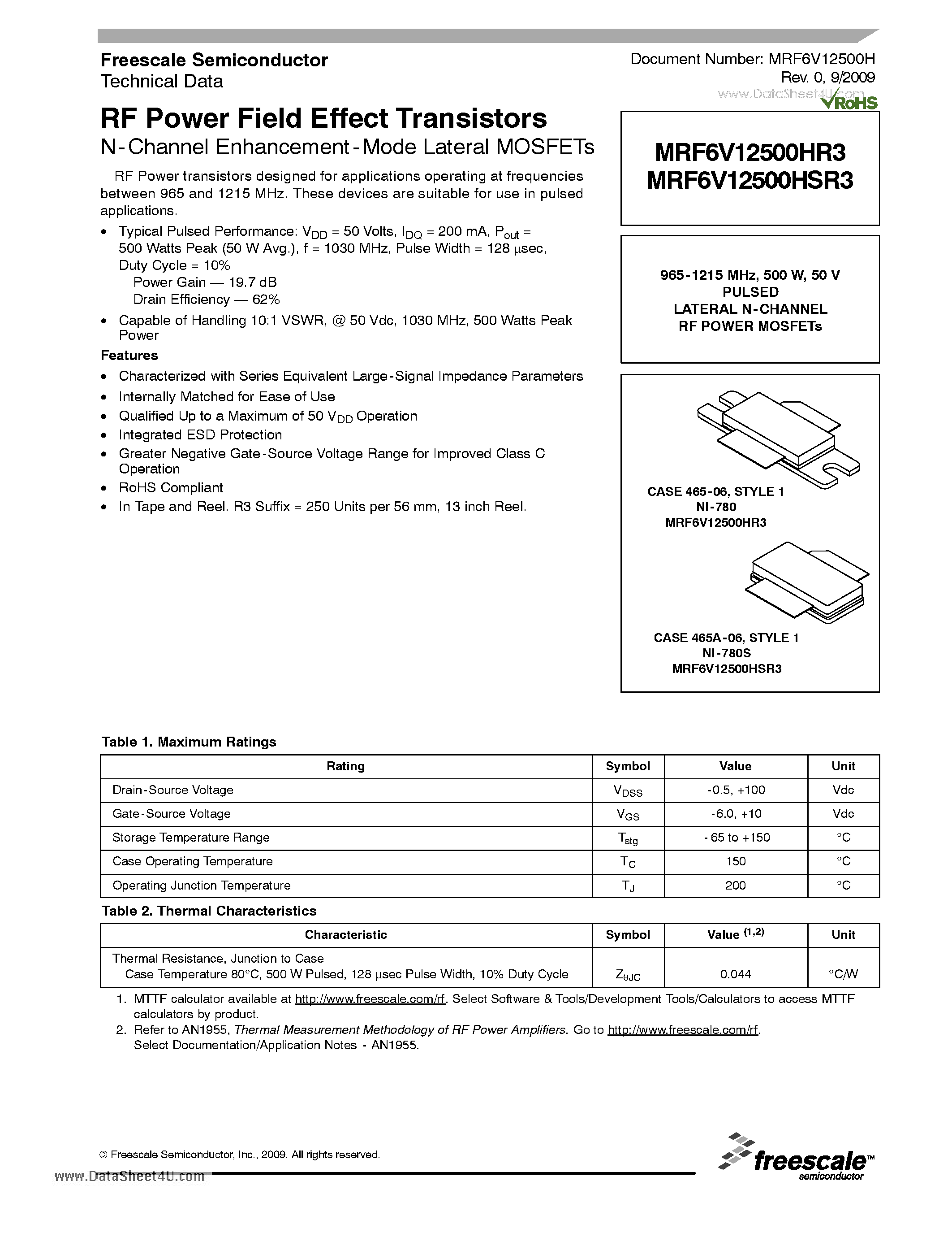 Datasheet MRF6V12500HR3 - RF Power Field Effect Transistors N-Channel Enhancement-Mode Lateral MOSFETs page 1