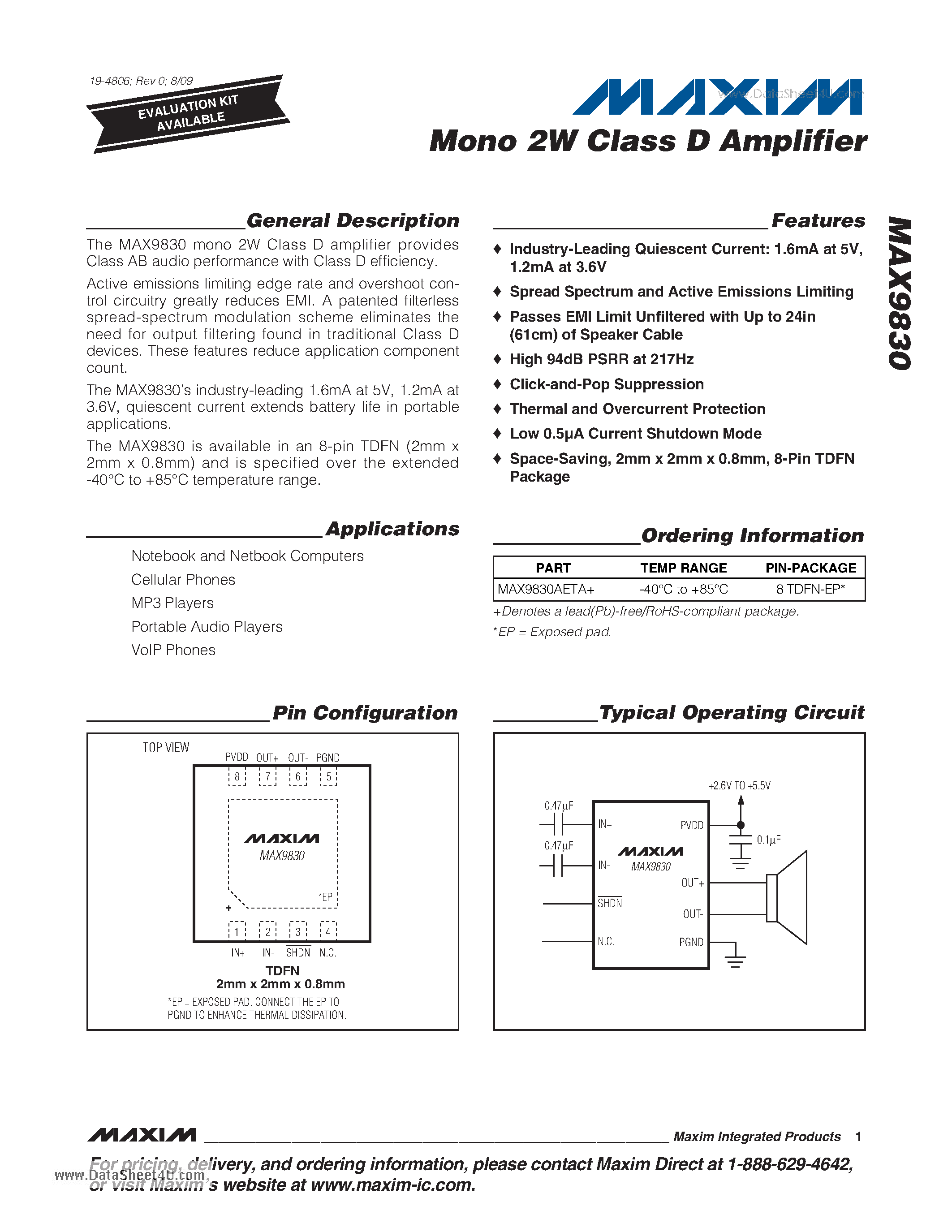 Даташит на микросхему MAX9830 страница 1 Даташит MAX9830 - Mono 2W Class D Amplifier страница 1