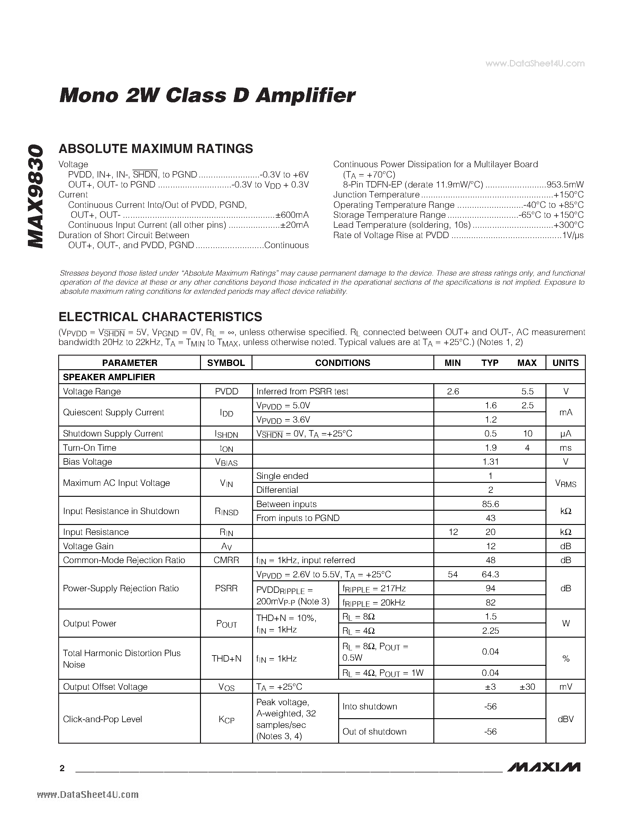 Даташит на микросхему MAX9830 страница 2 Даташит MAX9830 - Mono 2W Class D Amplifier страница 2