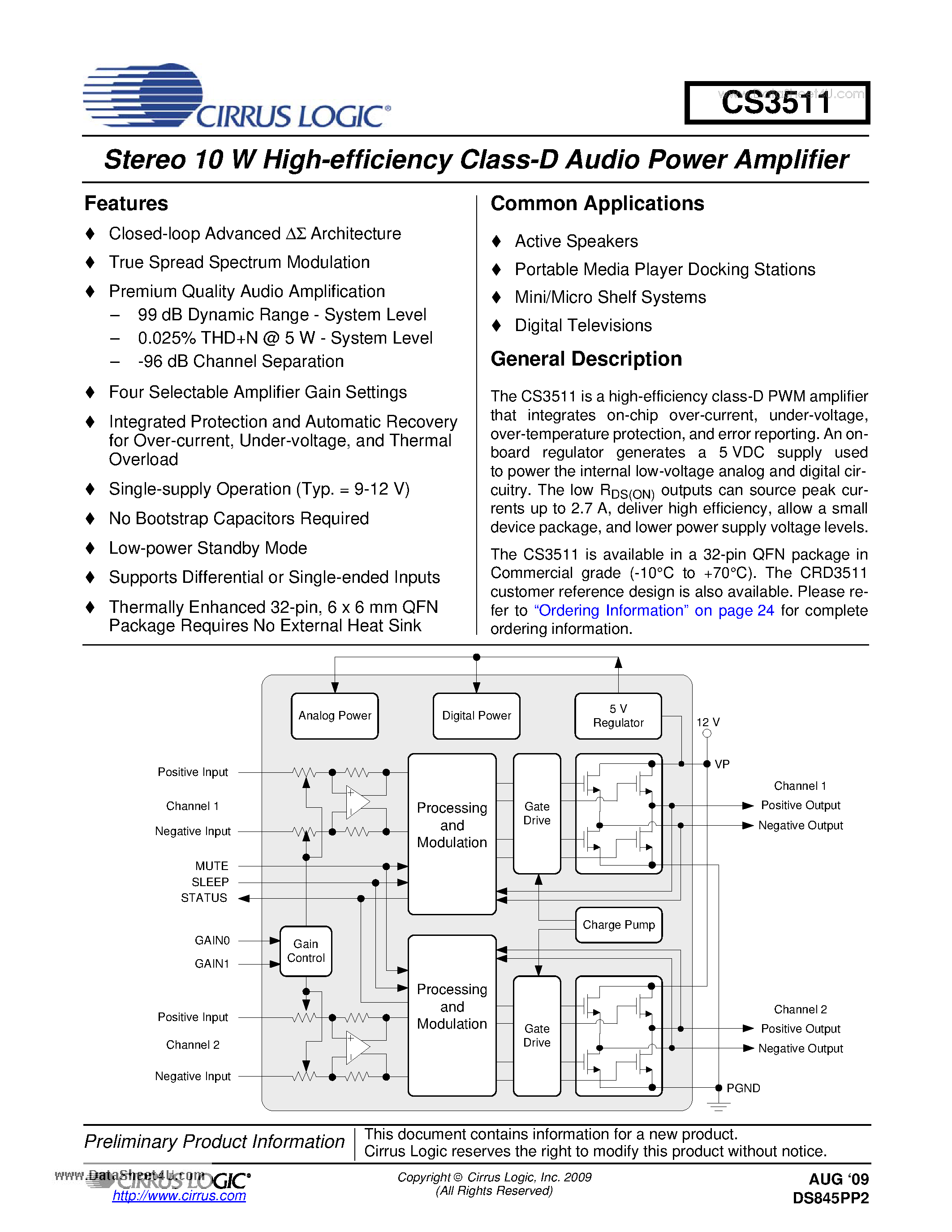 Datasheet CS3511 - Stereo 10 W High-efficiency Class-D Audio Power Amplifier page 1