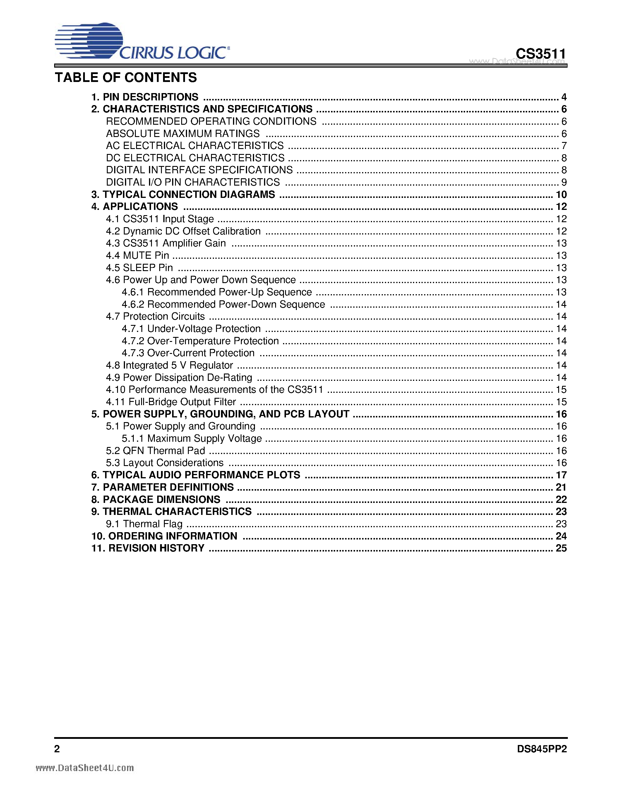 Datasheet CS3511 - Stereo 10 W High-efficiency Class-D Audio Power Amplifier page 2
