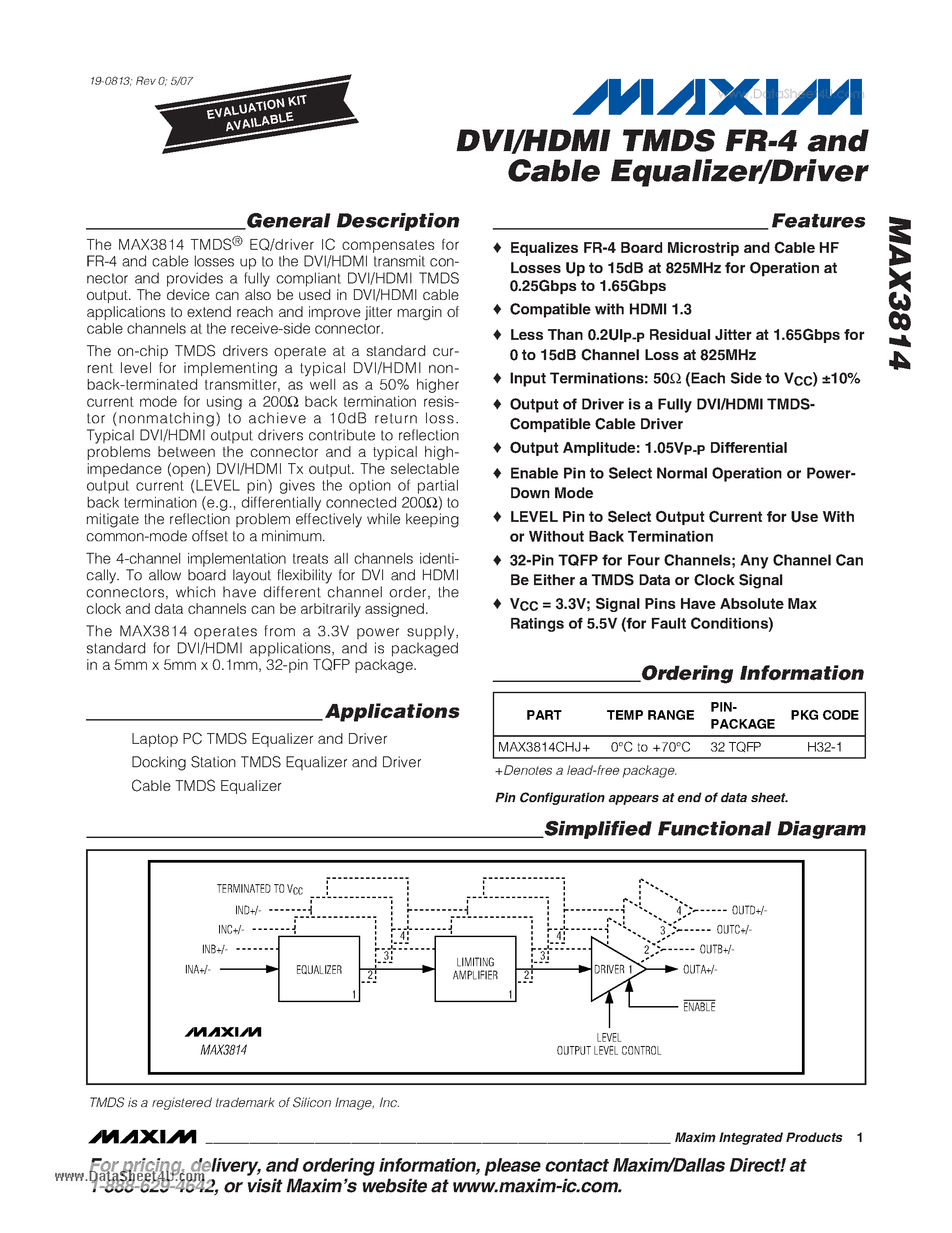Datasheet MAX3814 - DVI/HDMI TMDS FR-4 and Cable Equalizer/Driver page 1