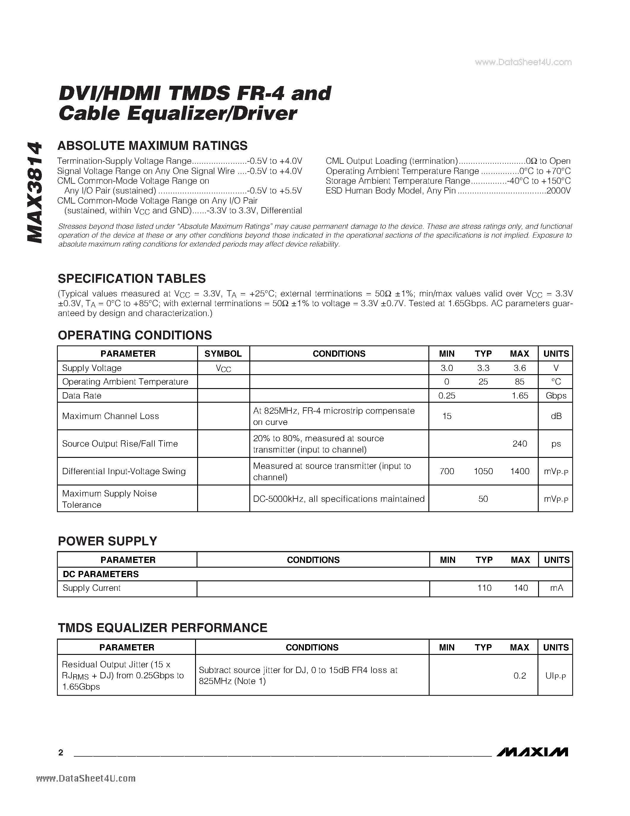 Datasheet MAX3814 - DVI/HDMI TMDS FR-4 and Cable Equalizer/Driver page 2