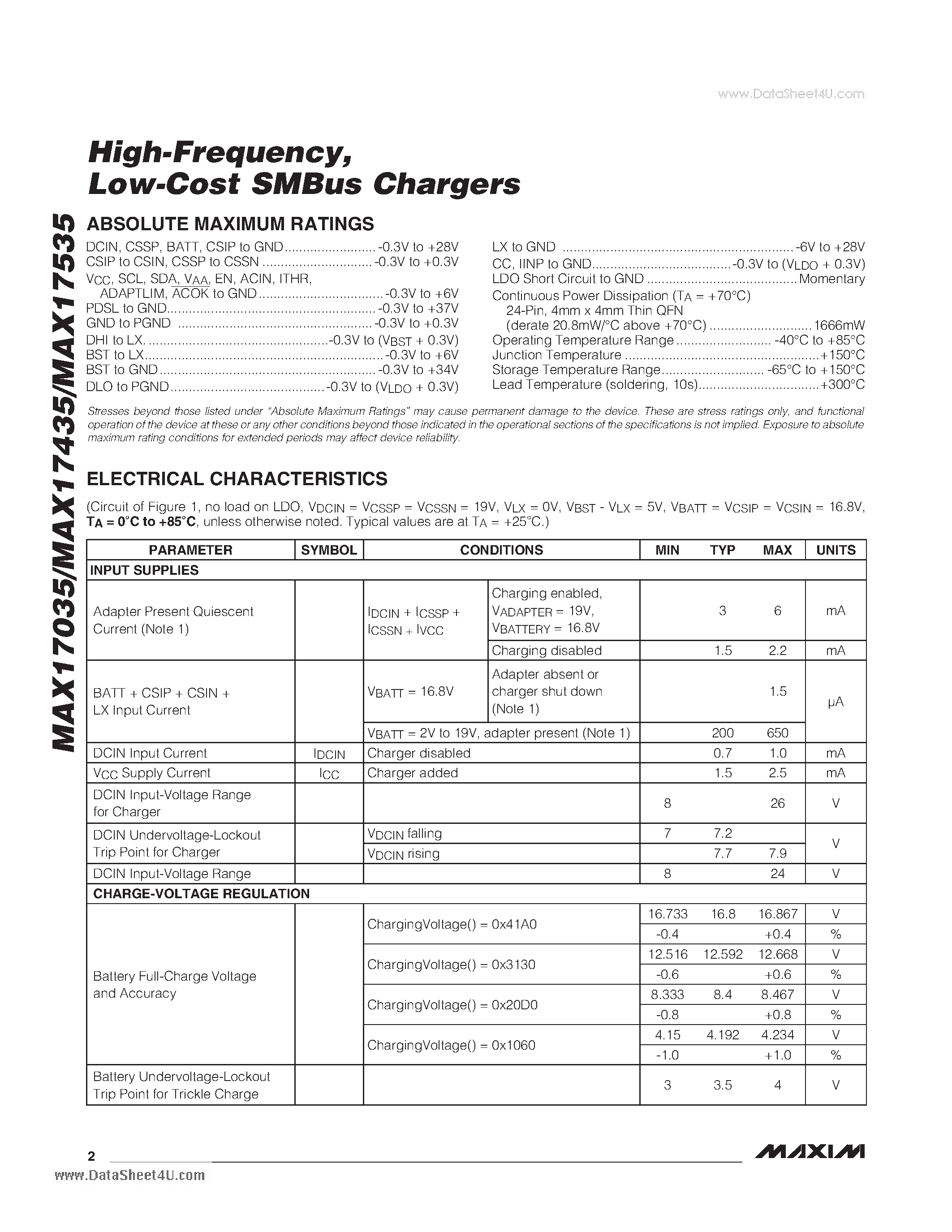 Даташит MAX17035 - High-Frequency Low-Cost SMBus Chargers страница 2
