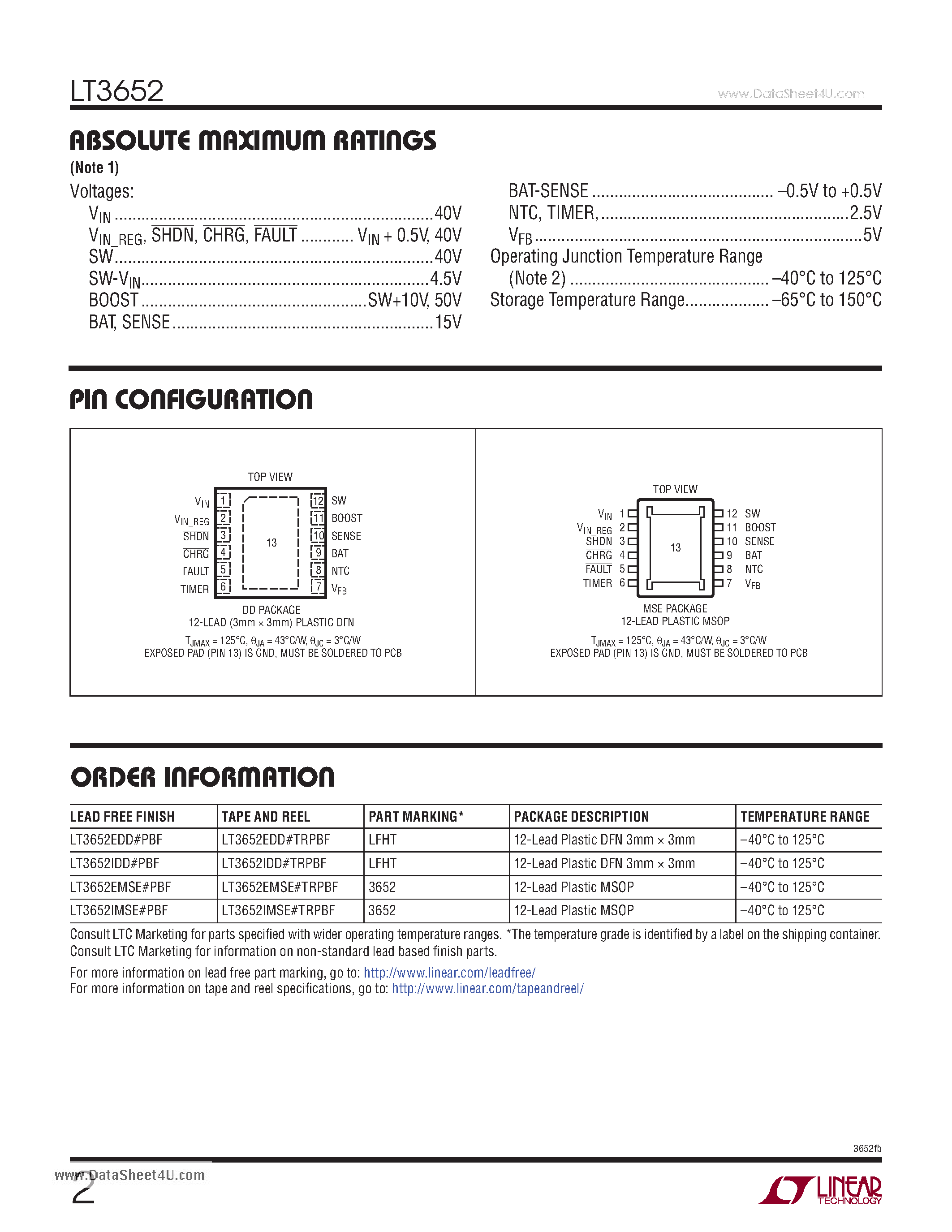 Datasheet LT3652 - Power Tracking 2A Battery Charger page 2