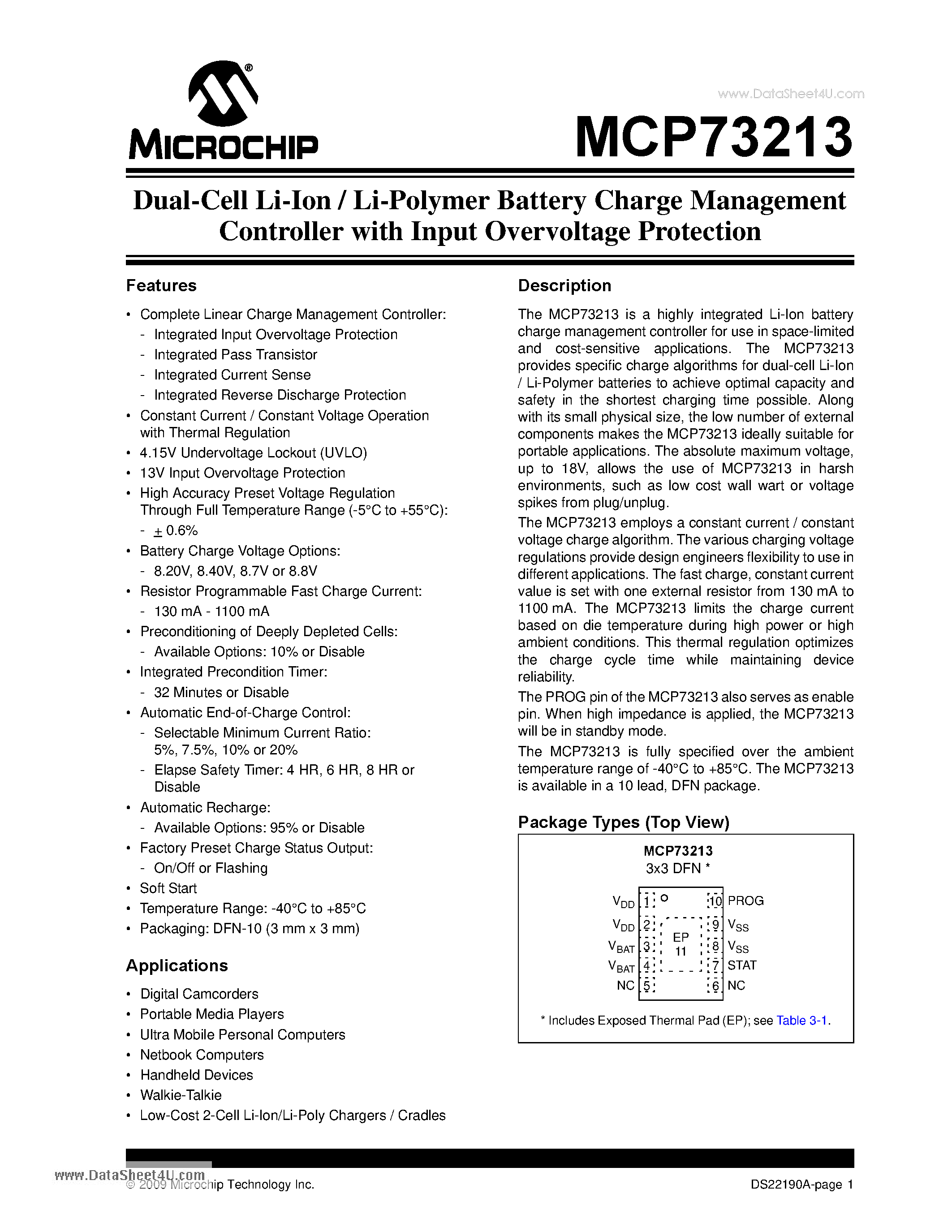 Datasheet MCP73213 page 1 Datasheet MCP73213 - Dual-Cell Li-Ion / Li-Polymer Battery Charge Management page 1