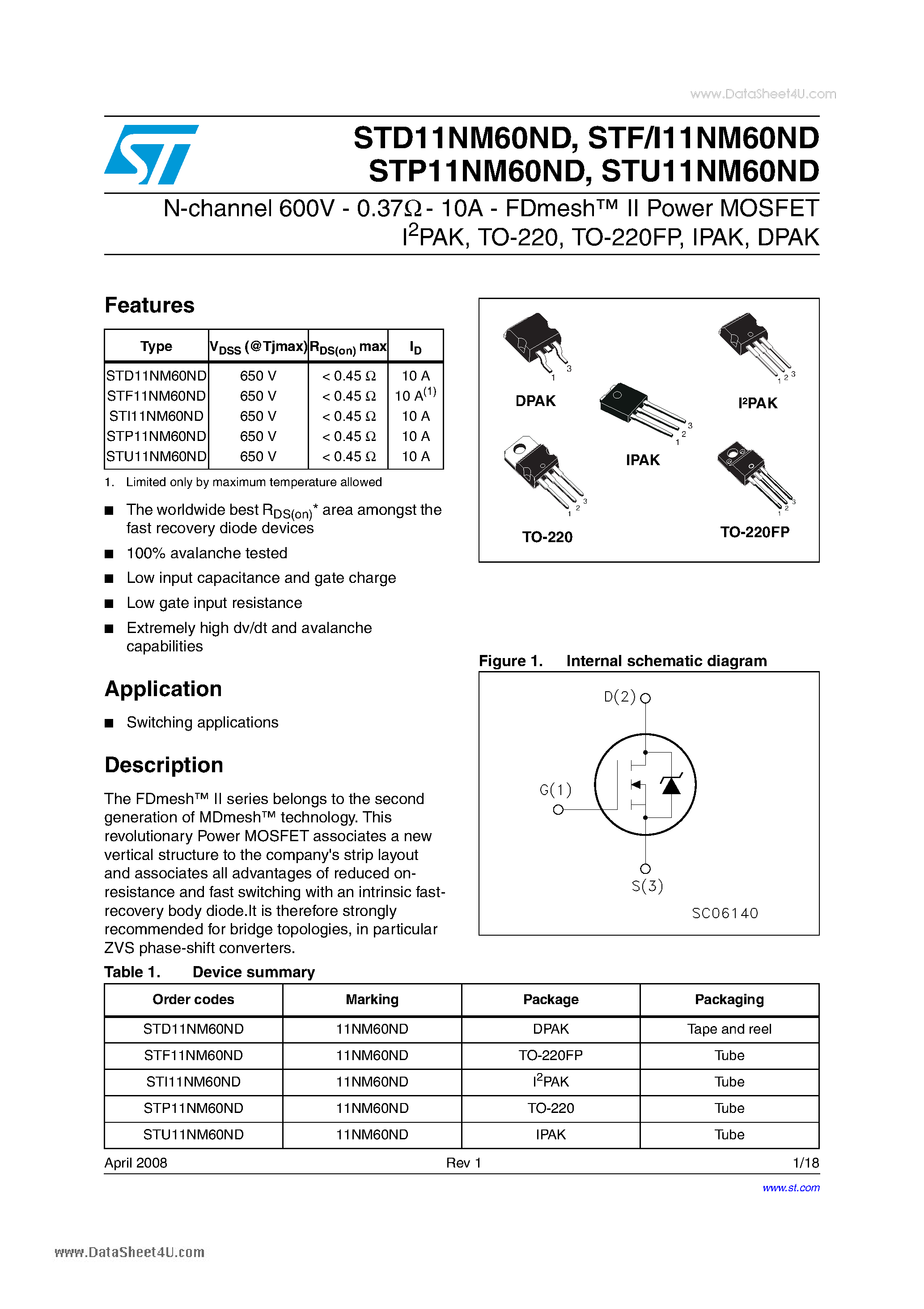 Даташит на микросхему STU11NM60ND страница 1 Даташит STU11NM60ND - Power MOSFET страница 1