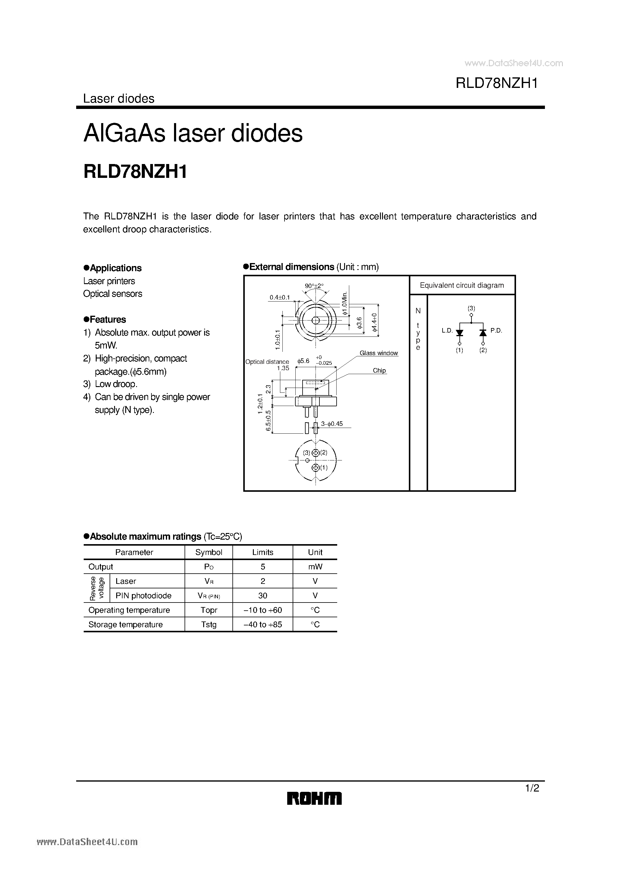 Даташит на микросхему RLD78NZH1 страница 1 Даташит RLD78NZH1 - AlGaAs laser diodes страница 1