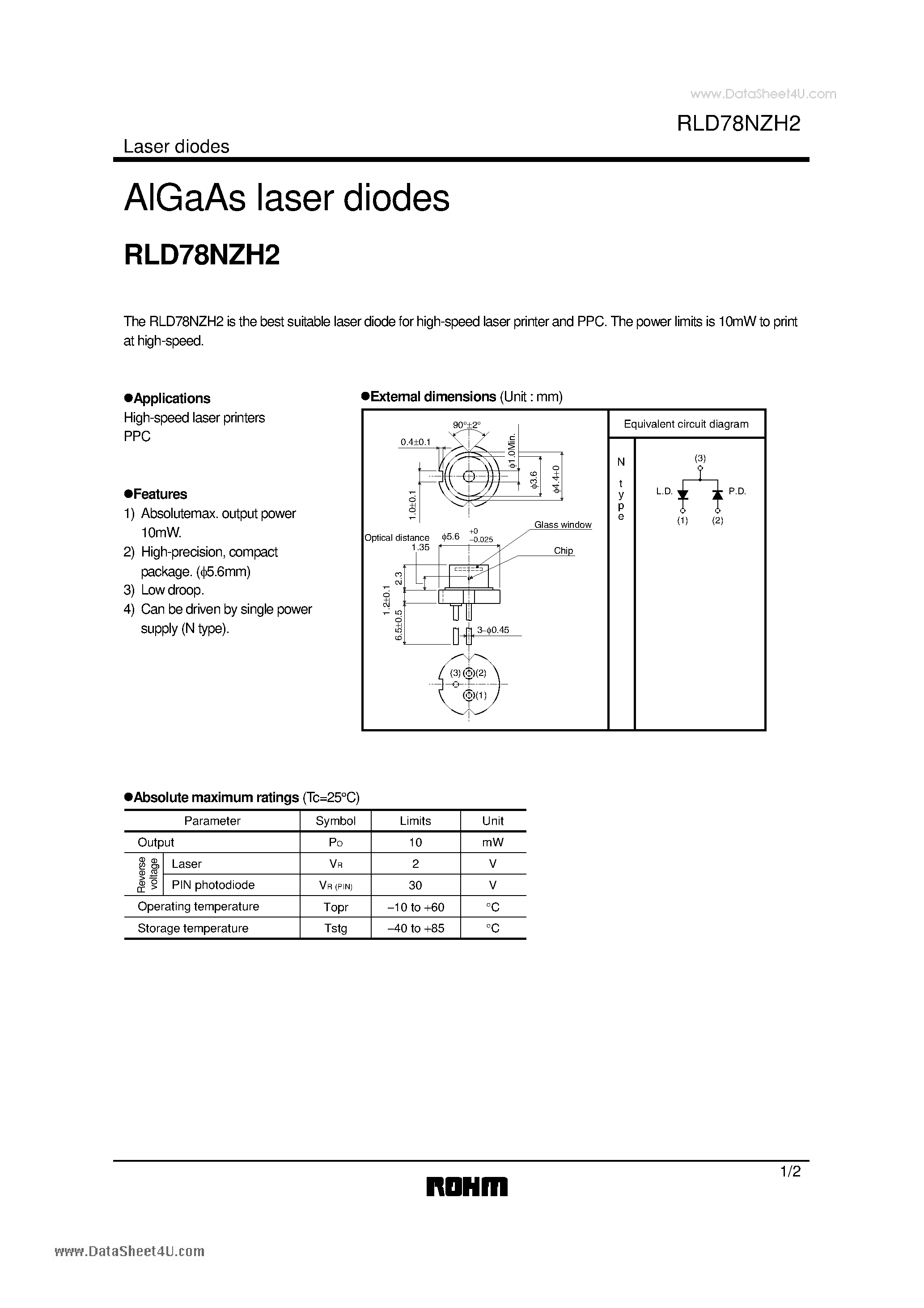 Даташит на микросхему RLD78NZH2 страница 1 Даташит RLD78NZH2 - AlGaAs laser diodes страница 1