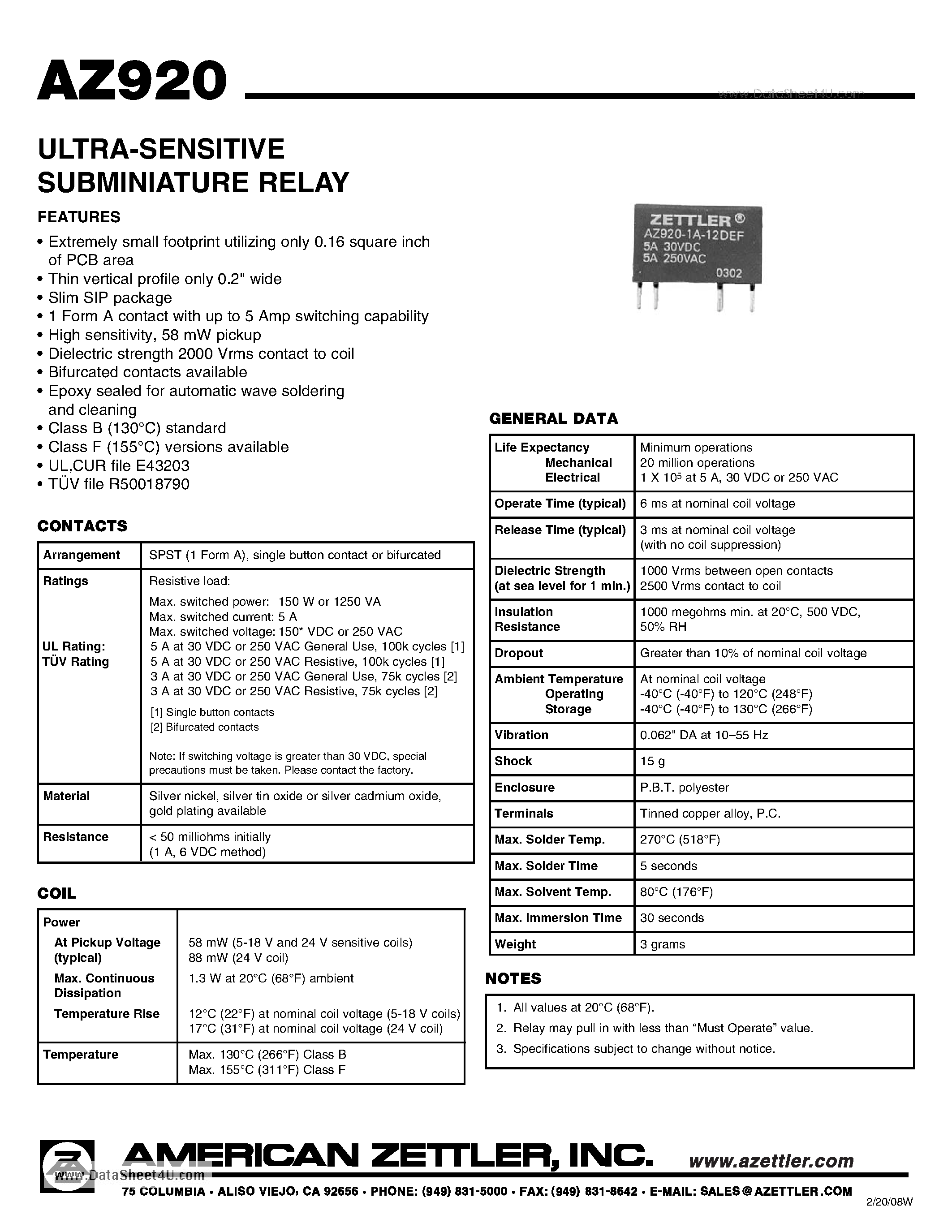 Даташит на микросхему AZ920 страница 1 Даташит AZ920 - ULTRA-SENSITIVE SUBMINIATURE RELAY страница 1