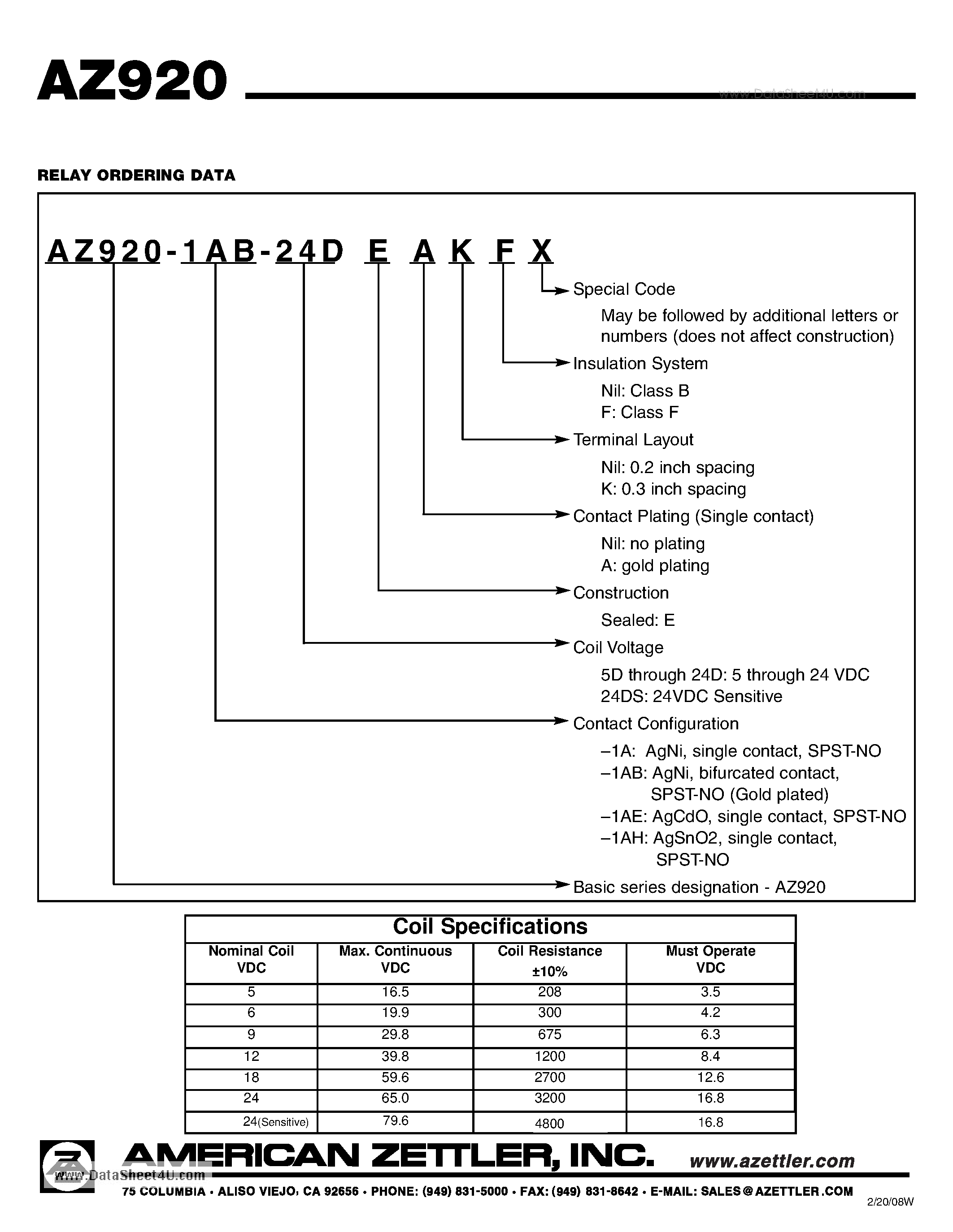 Даташит на микросхему AZ920 страница 2 Даташит AZ920 - ULTRA-SENSITIVE SUBMINIATURE RELAY страница 2