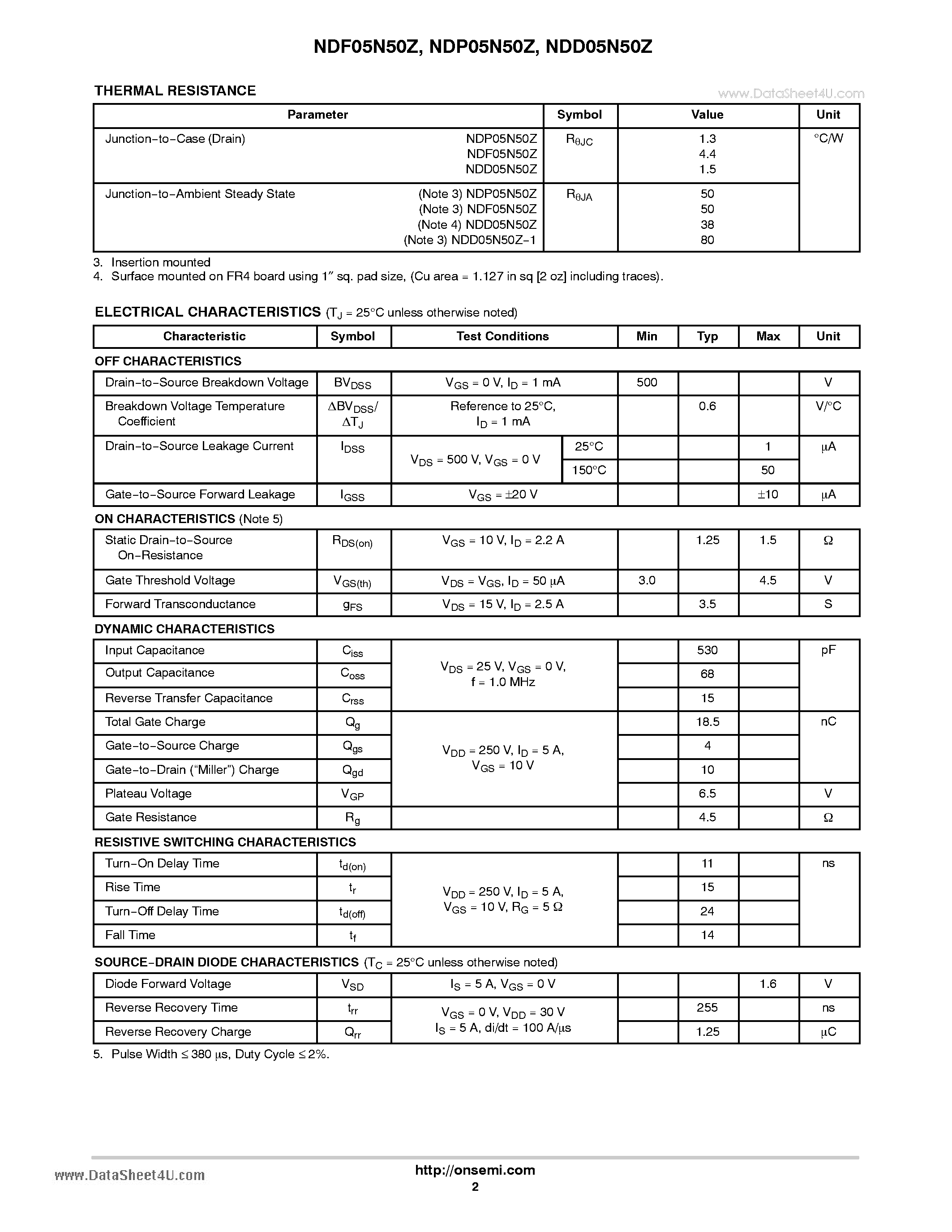 Datasheet NDP05N50Z page 2 Datasheet NDP05N50Z - N-Channel Power MOSFET page 2
