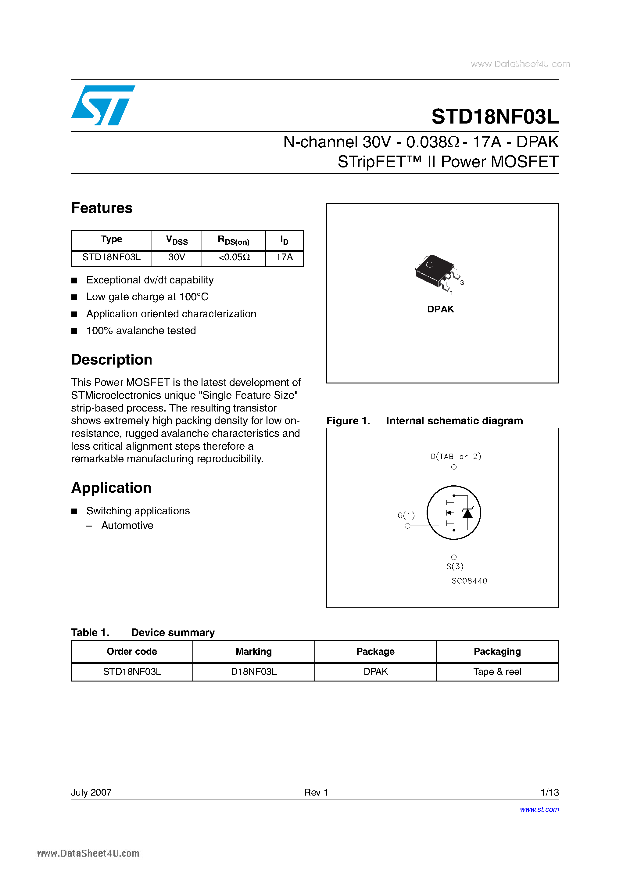 Datasheet STD18NF03L page 1 Datasheet STD18NF03L - Power MOSFET page 1