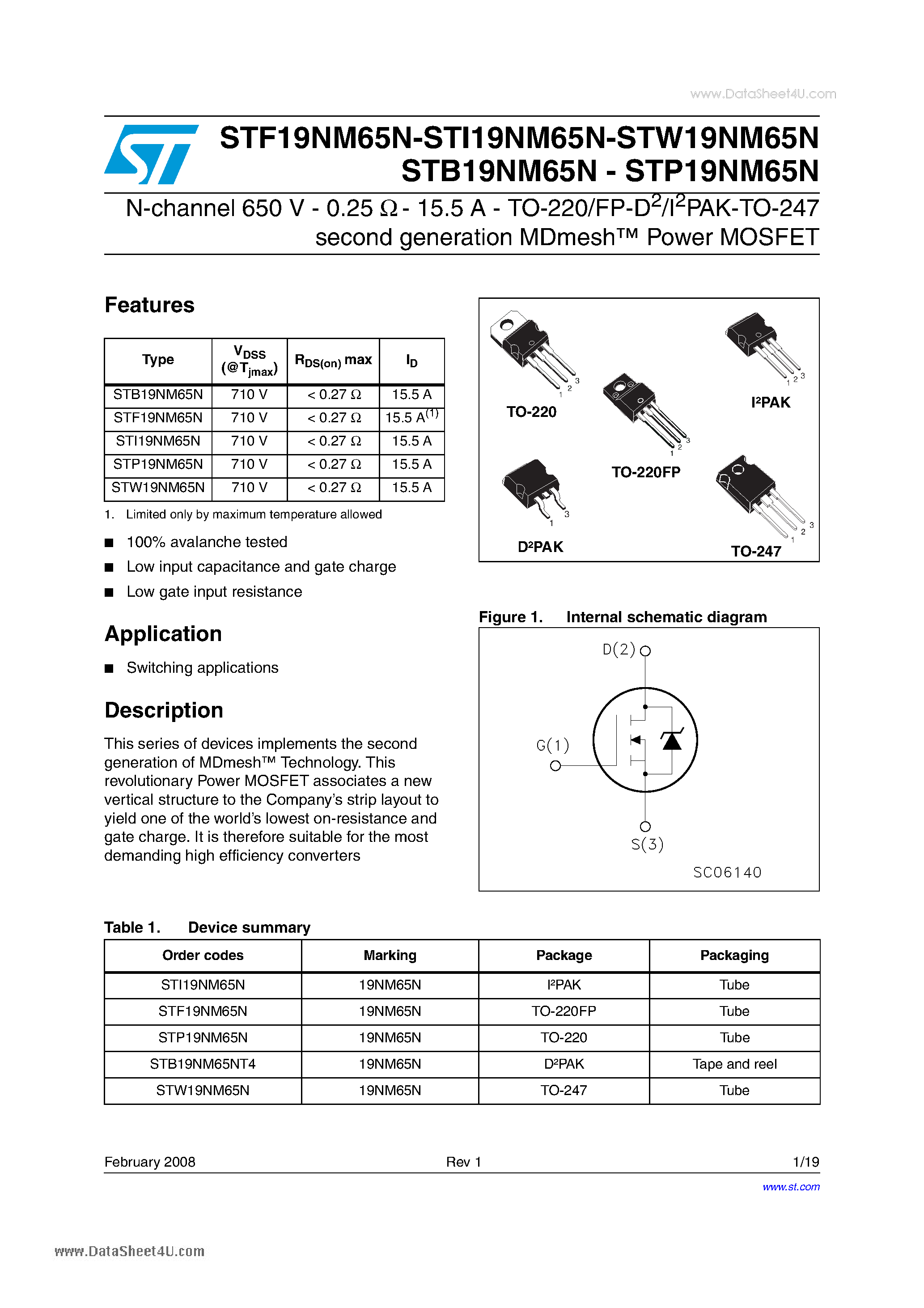 Даташит на микросхему STP19NM65N страница 1 Даташит STP19NM65N - Power MOSFET страница 1