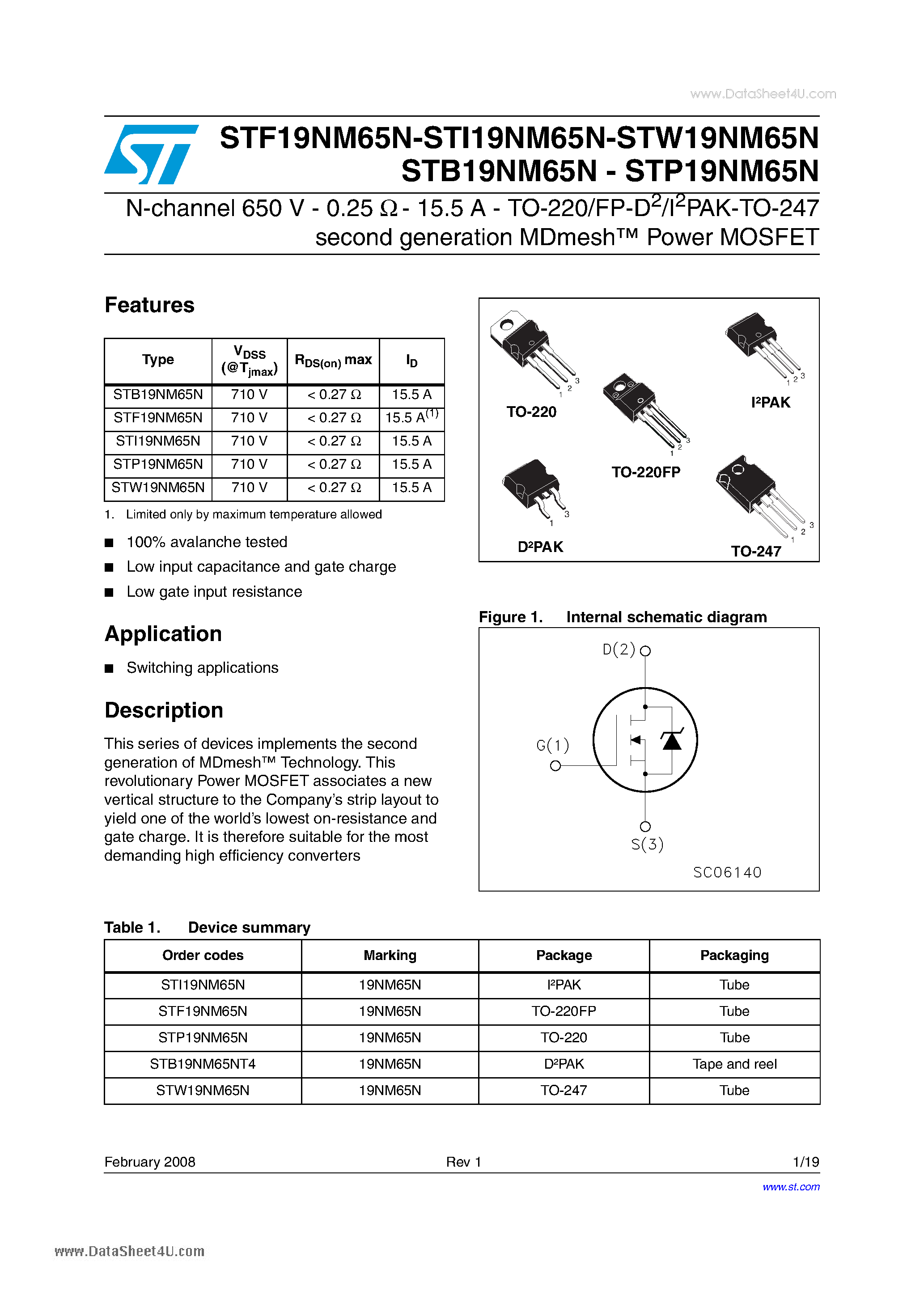 Даташит STP19NM65N - Power MOSFET страница 1