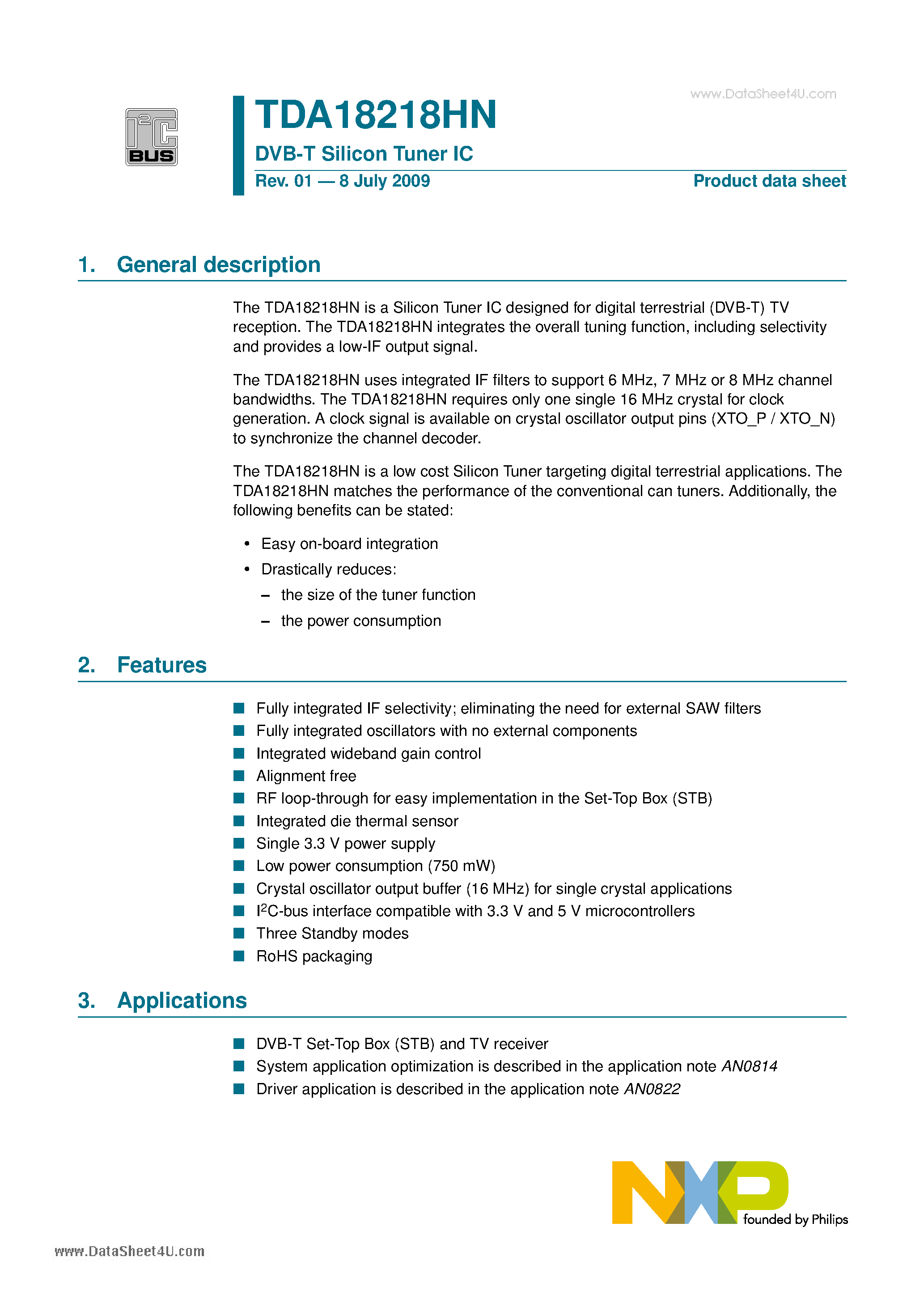 Datasheet TDA18218HN page 1 Datasheet TDA18218HN - DVB-T Silicon Tuner IC page 1