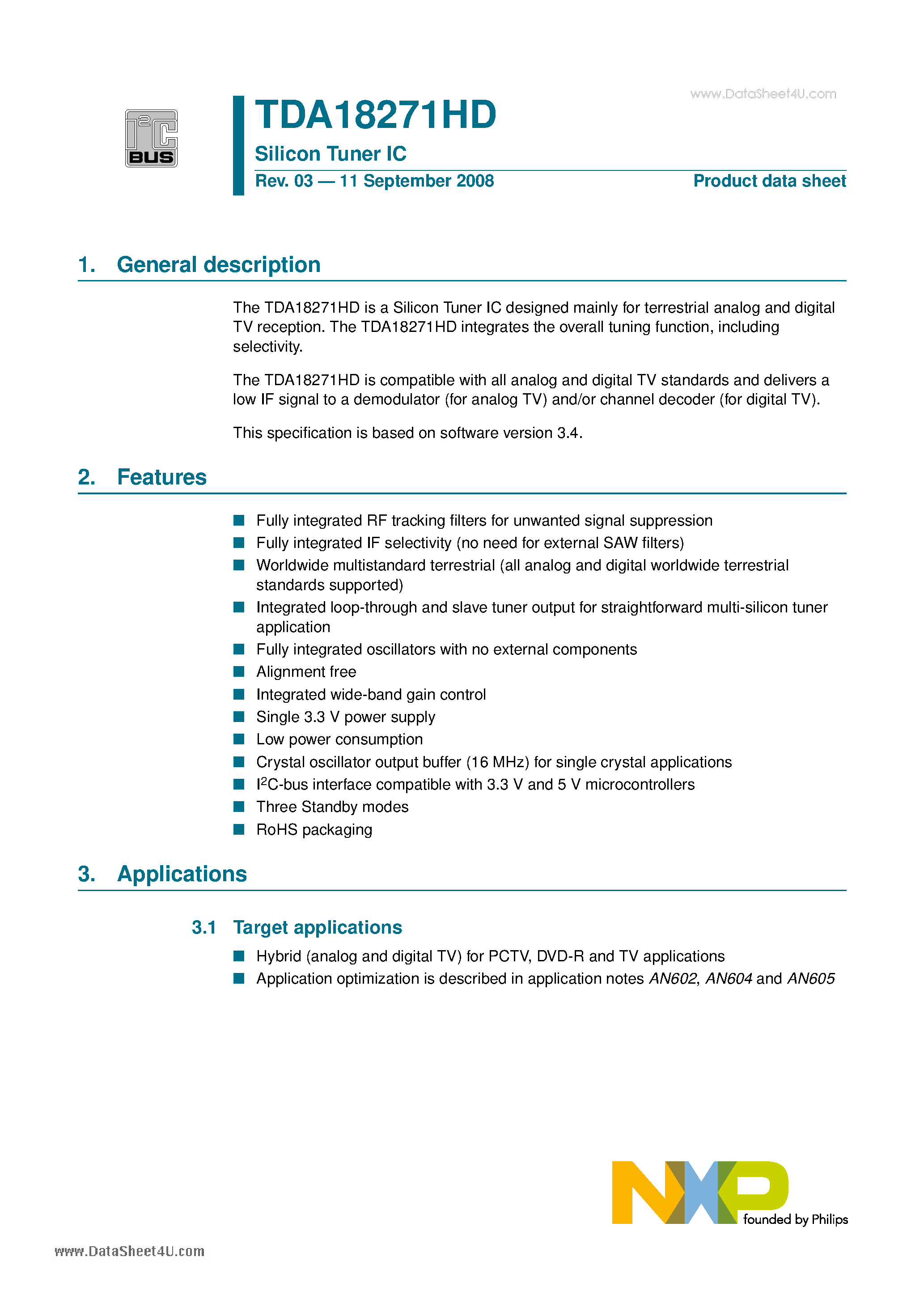 Datasheet TDA18271HD page 1 Datasheet TDA18271HD - Silicon Tuner IC page 1