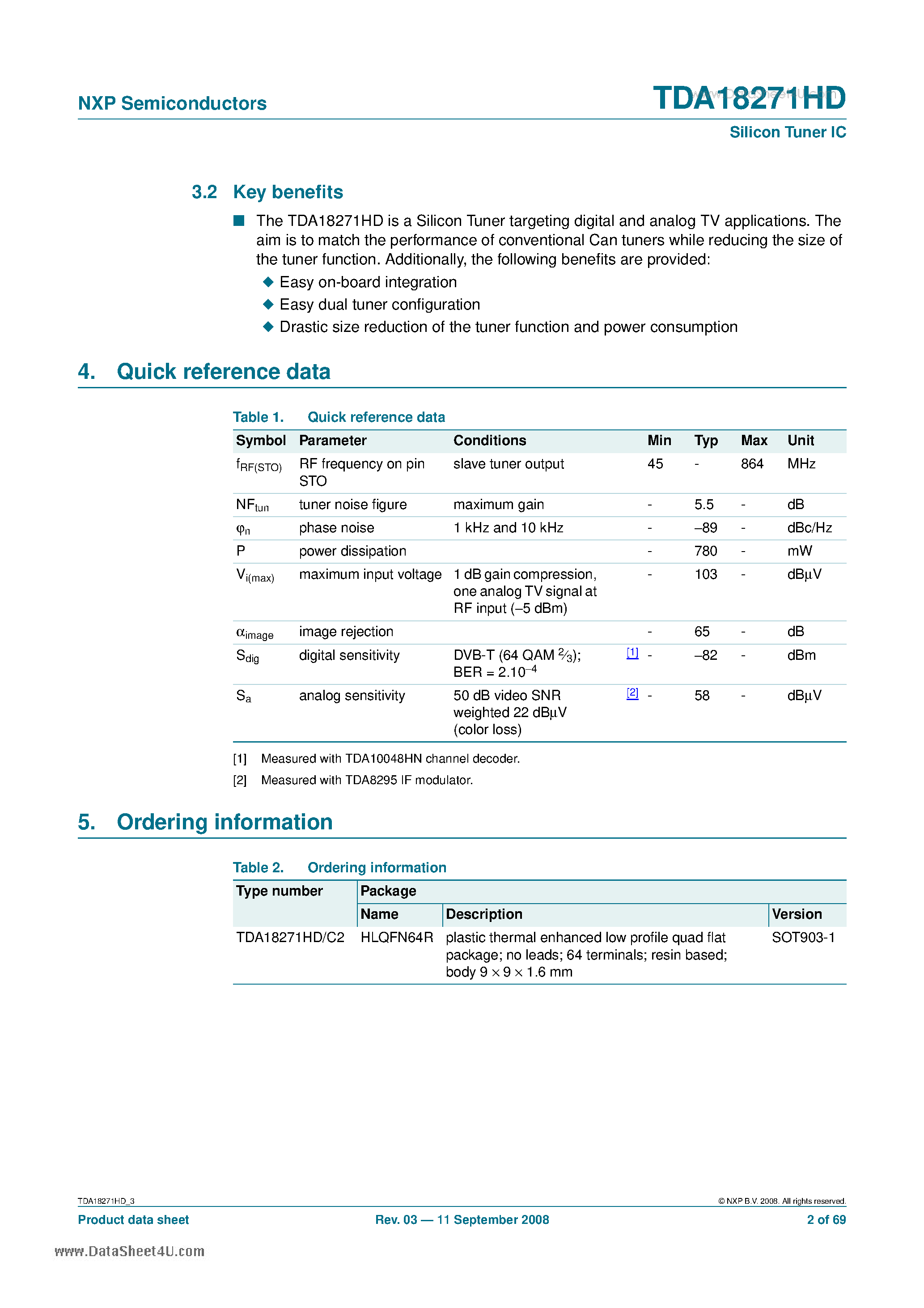 Datasheet TDA18271HD page 2 Datasheet TDA18271HD - Silicon Tuner IC page 2