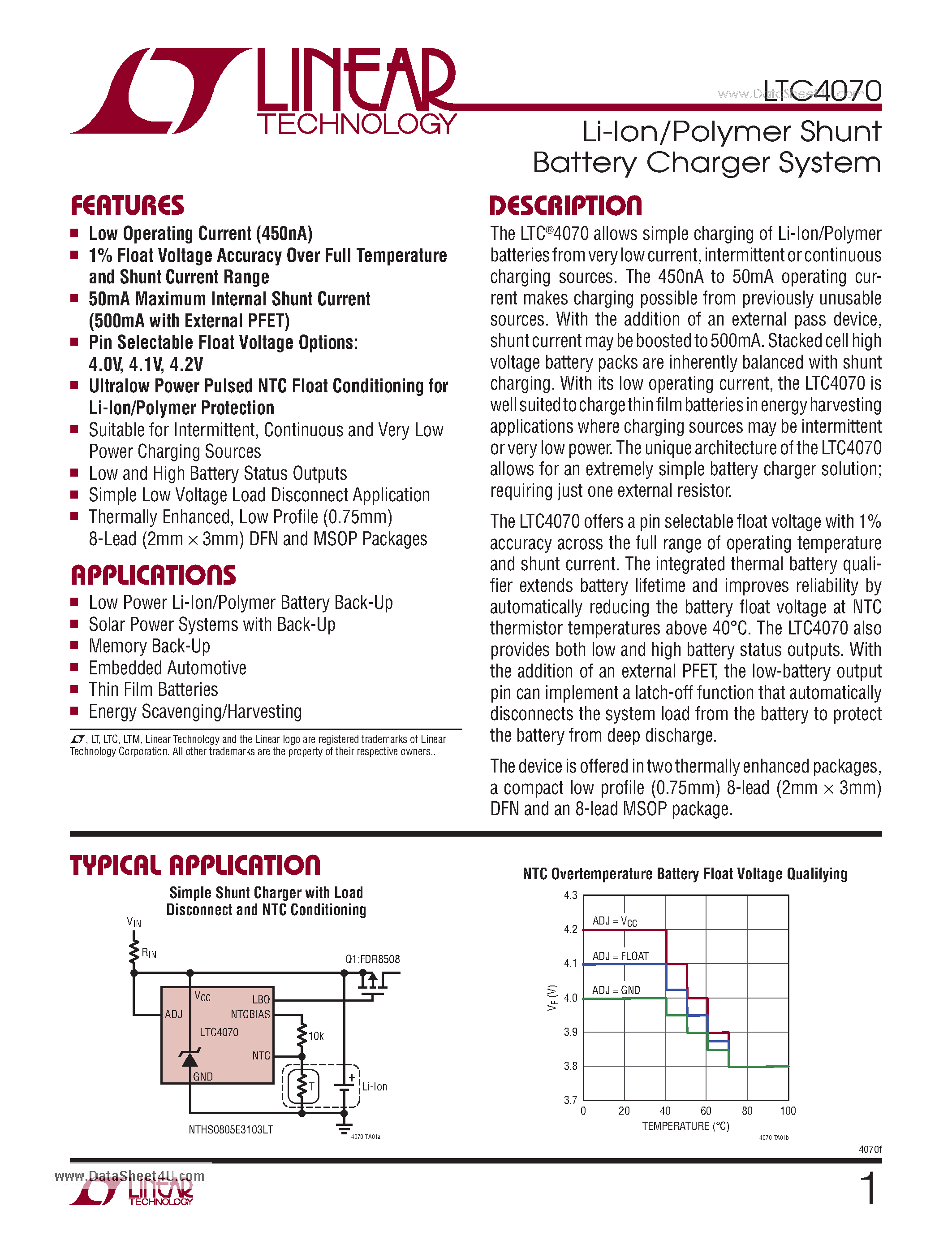 Datasheet LTC4070 - Li-Ion/Polymer Shunt Battery Charger System page 1