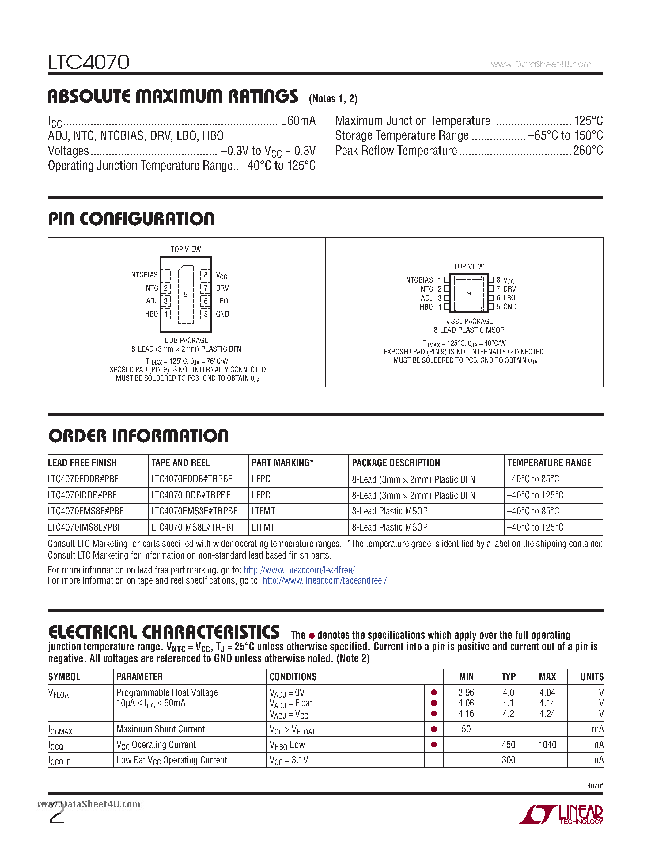 Datasheet LTC4070 - Li-Ion/Polymer Shunt Battery Charger System page 2