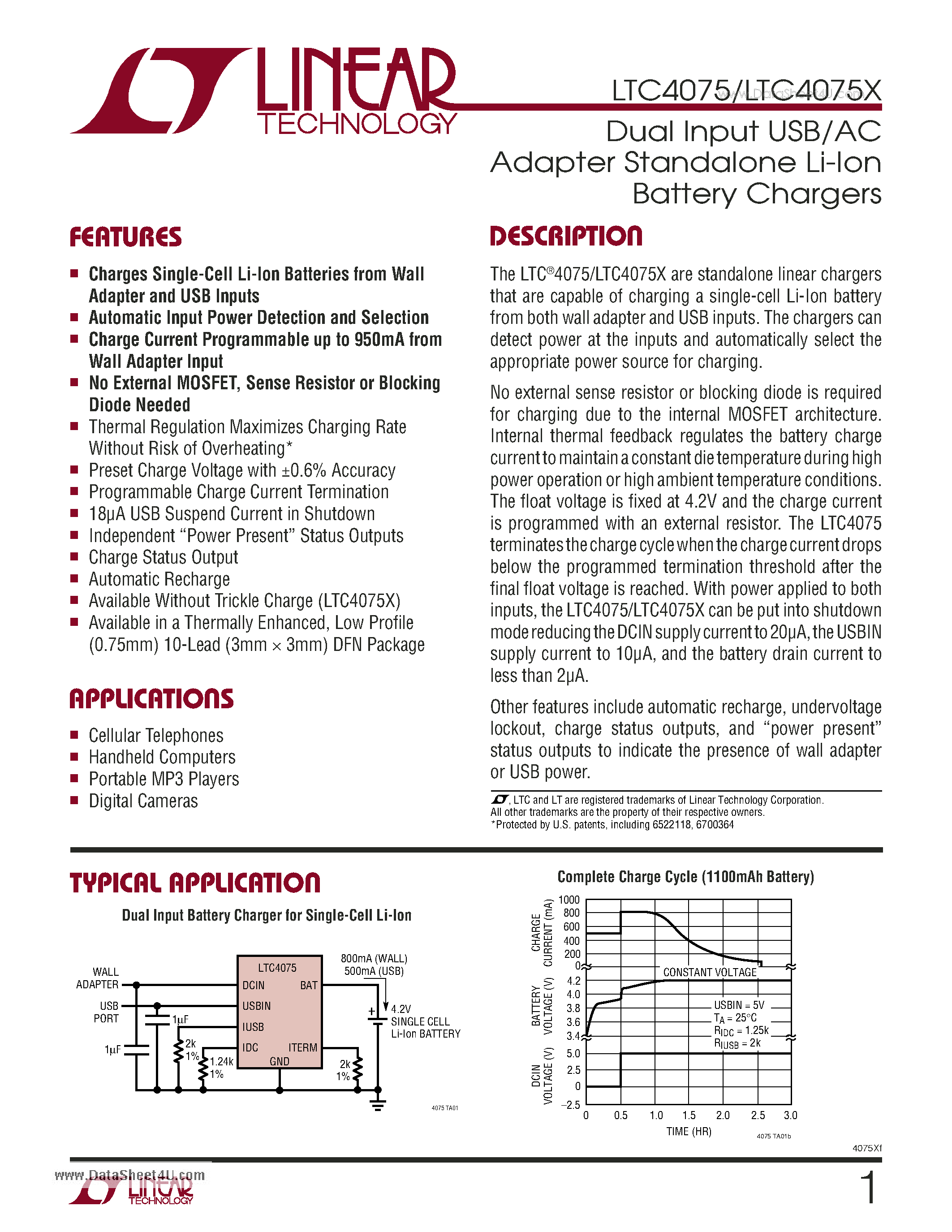 Datasheet LTC4075 - Dual Input USB/AC Adapter Standalone Li-Ion Battery Chargers page 1