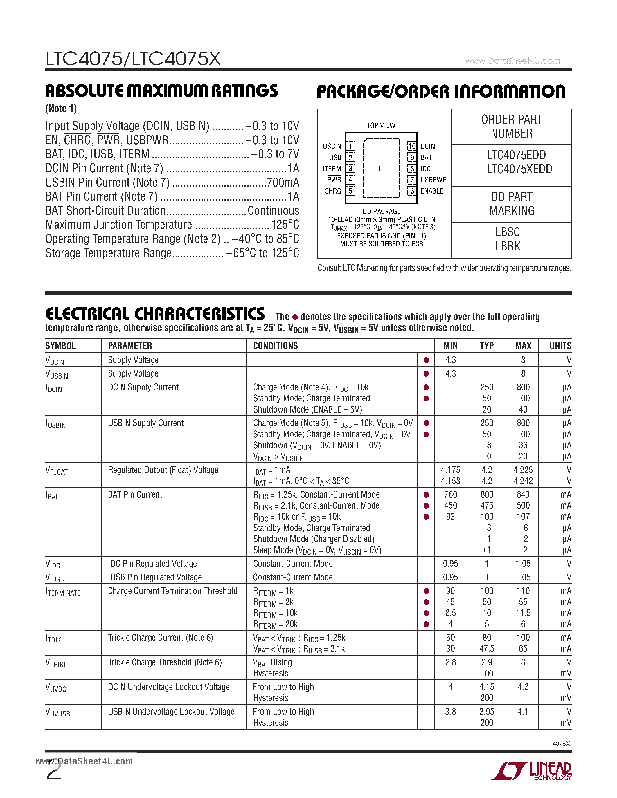 Datasheet LTC4075 - Dual Input USB/AC Adapter Standalone Li-Ion Battery Chargers page 2