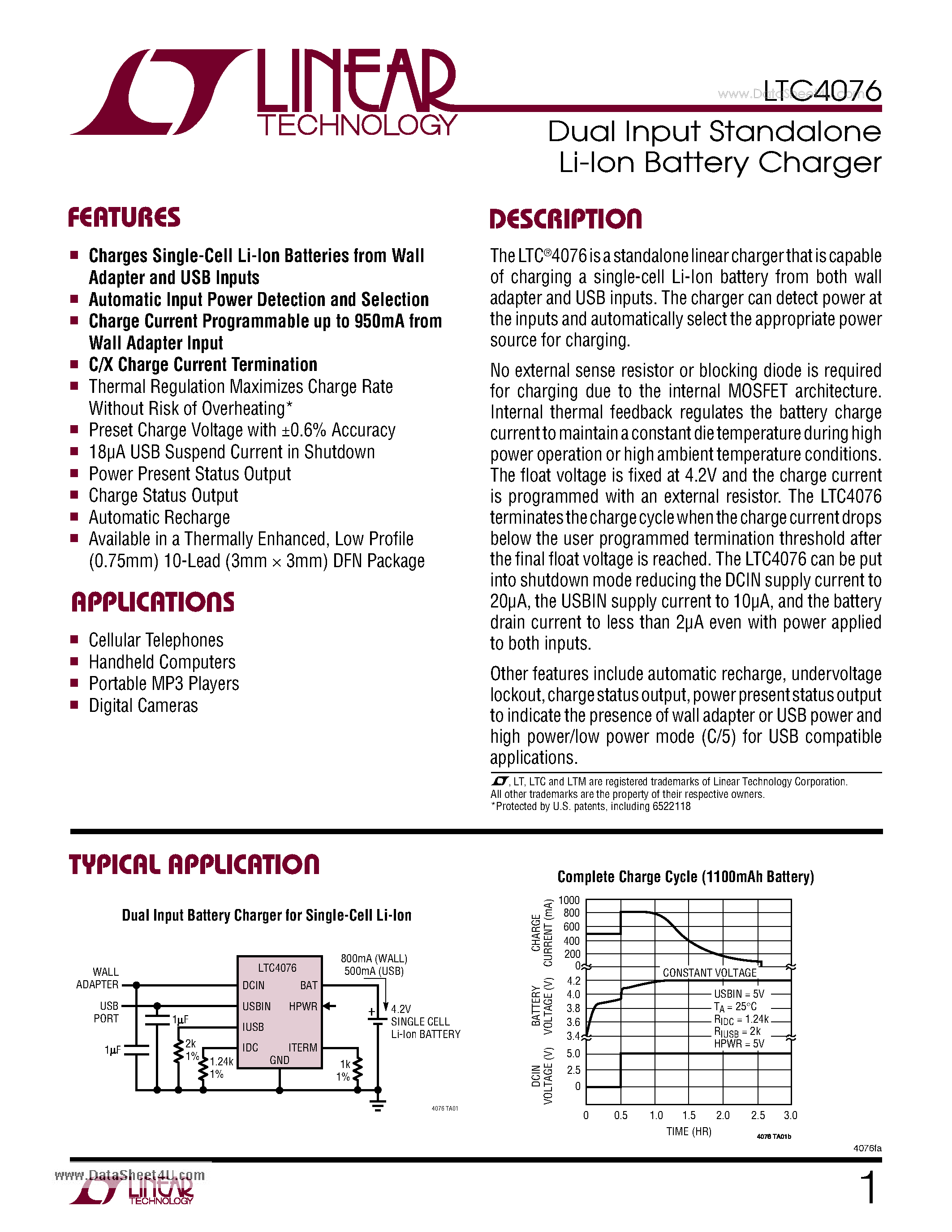Datasheet LTC4076 - Dual Input Standalone Li-Ion Battery Charger page 1
