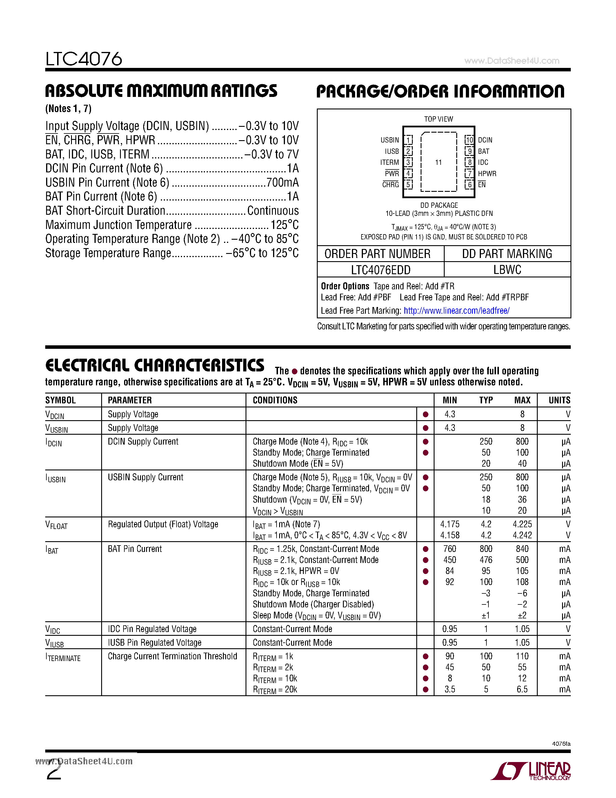 Datasheet LTC4076 - Dual Input Standalone Li-Ion Battery Charger page 2