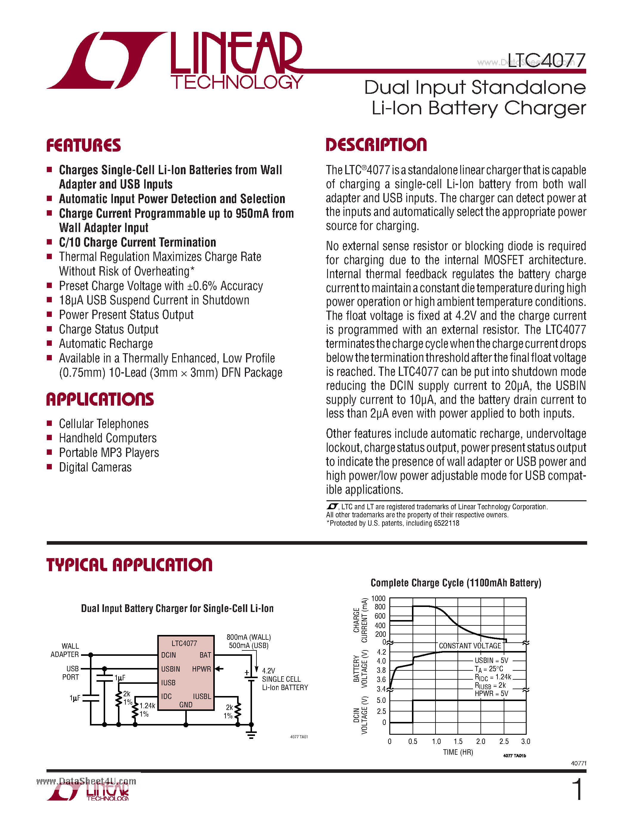 Datasheet LTC4077 - Dual Input Standalone Li-Ion Battery Charger page 1
