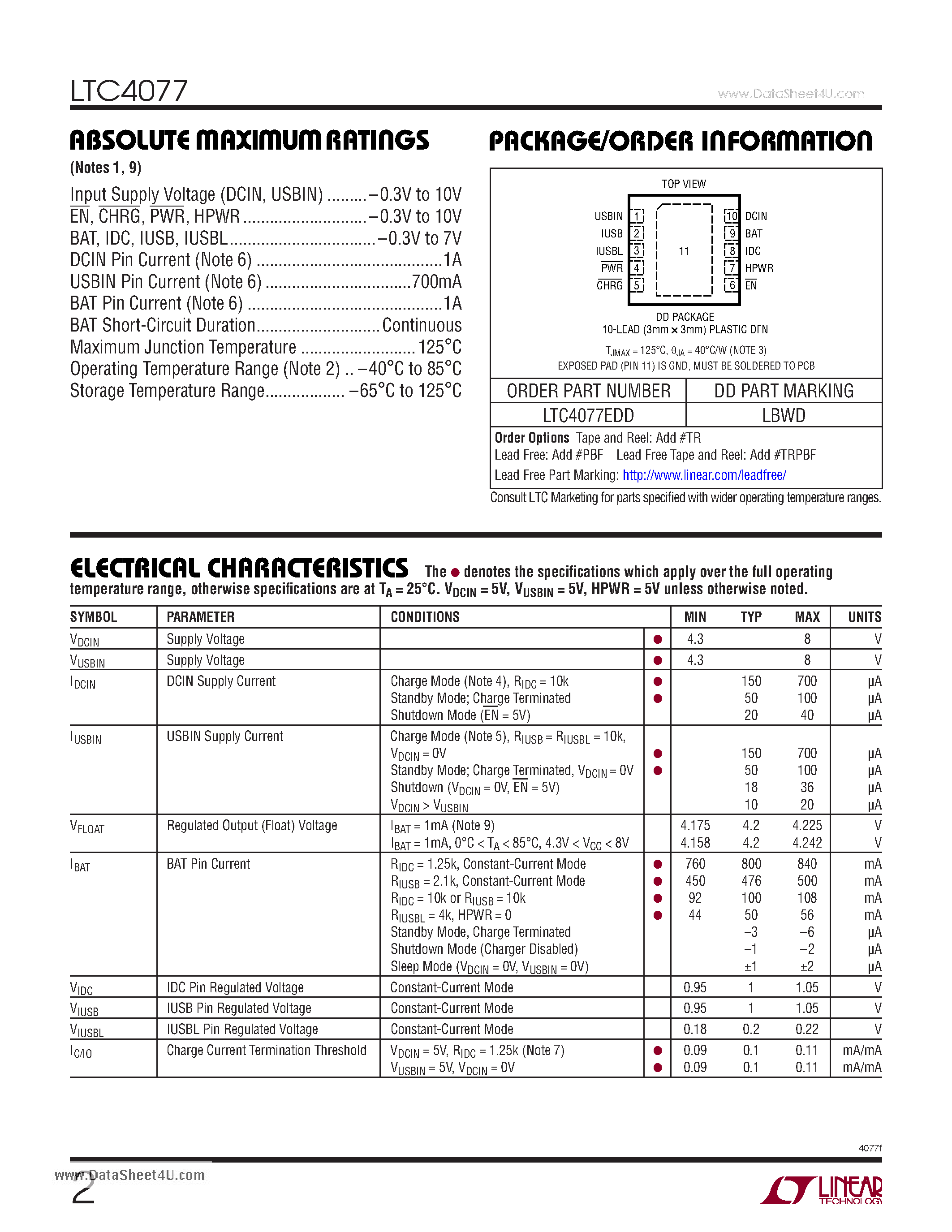Datasheet LTC4077 - Dual Input Standalone Li-Ion Battery Charger page 2
