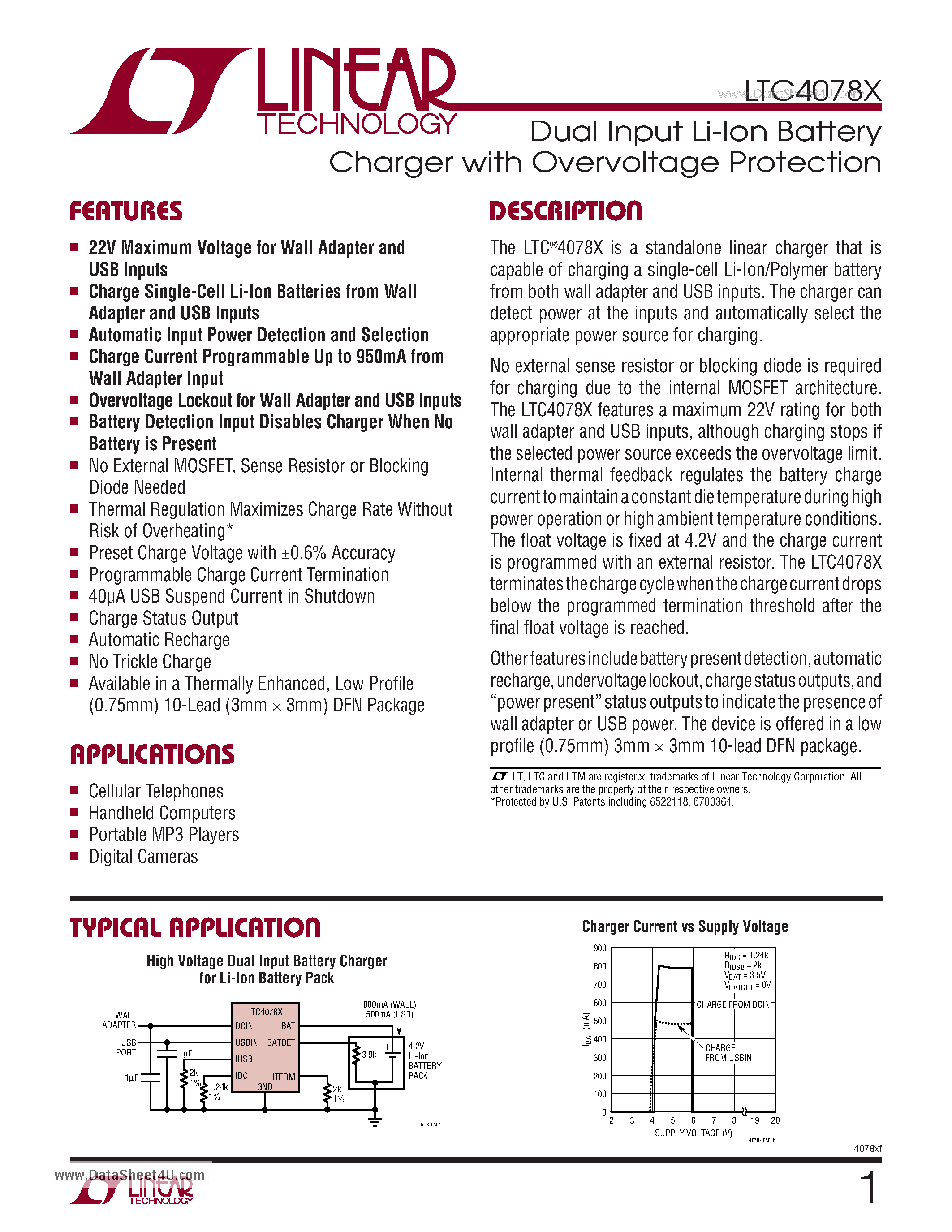 Datasheet LTC4078X - Dual Input Li-Ion Battery Charger page 1