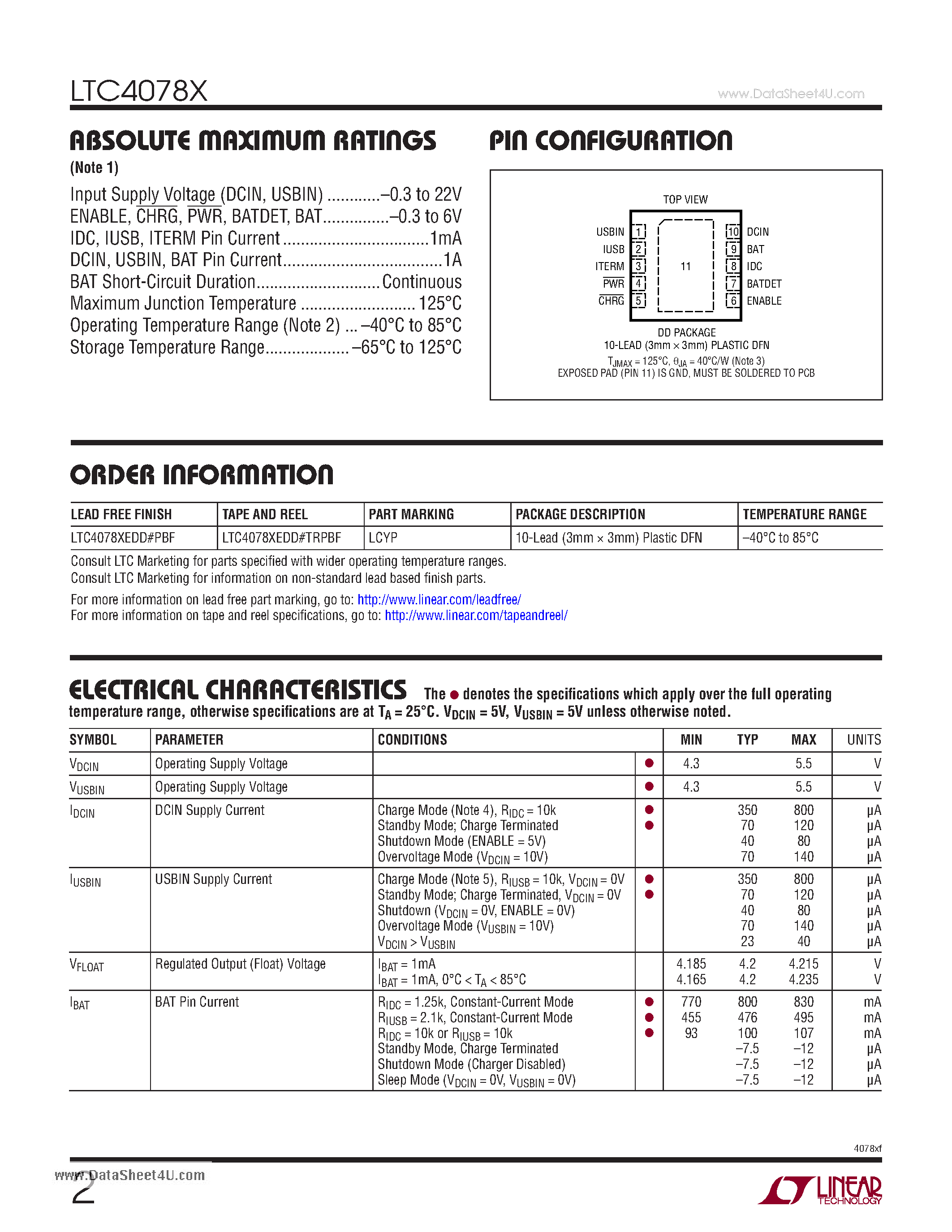 Datasheet LTC4078X - Dual Input Li-Ion Battery Charger page 2