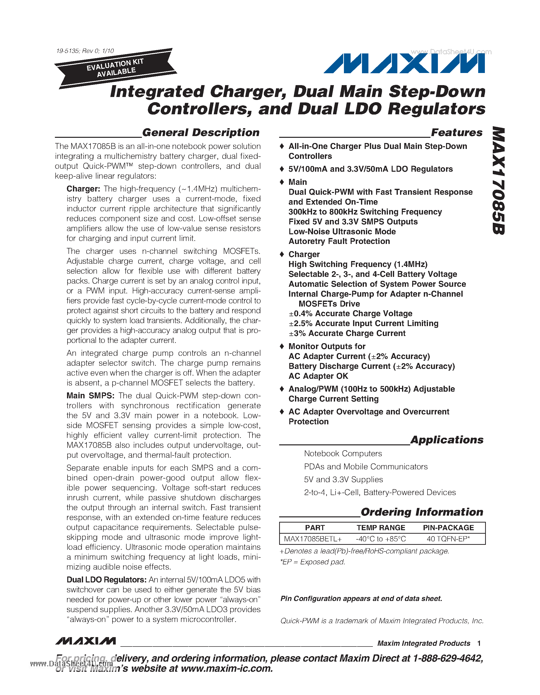 Datasheet MAX17085B page 1 Datasheet MAX17085B - Integrated Charger Dual Main Step-Down Controllers and Dual LDO Regulators page 1