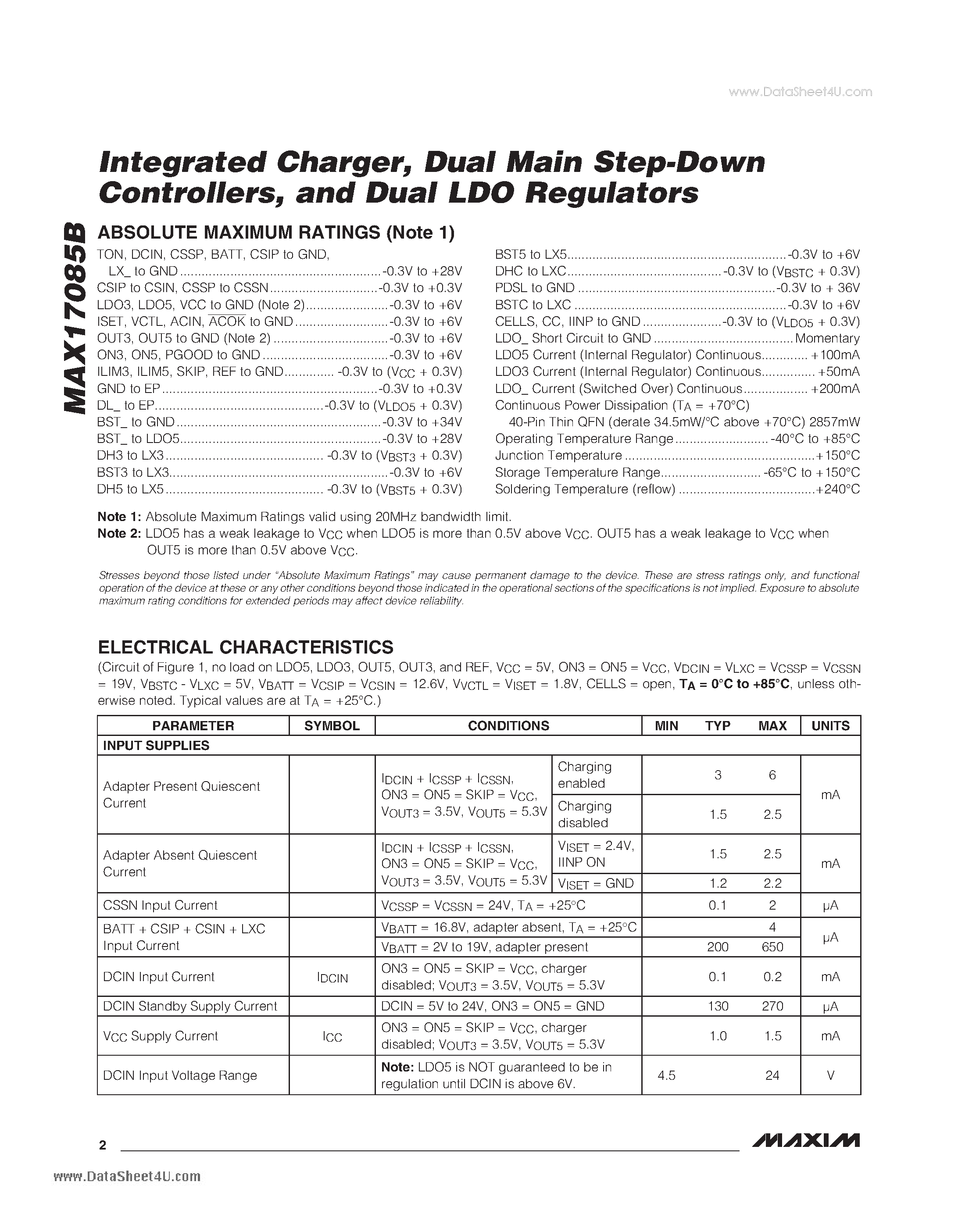Datasheet MAX17085B page 2 Datasheet MAX17085B - Integrated Charger Dual Main Step-Down Controllers and Dual LDO Regulators page 2