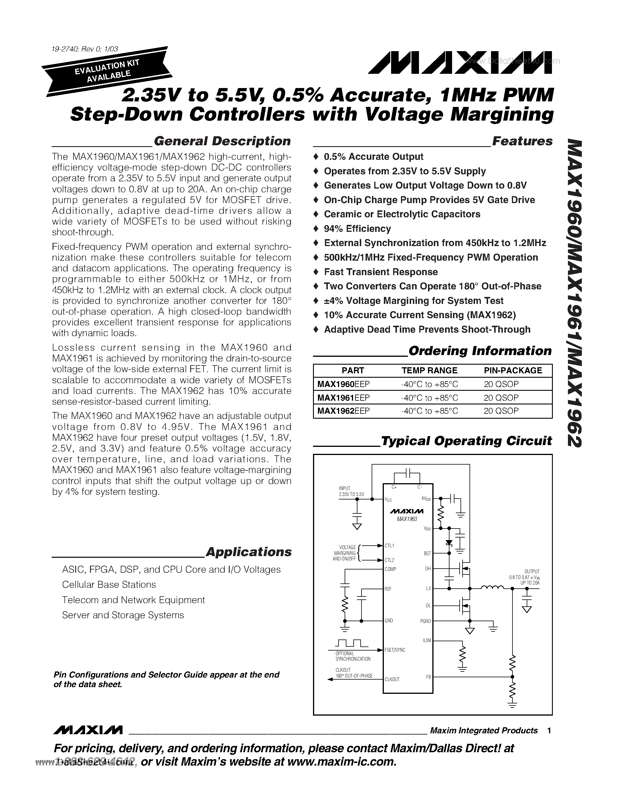 Datasheet MAX1960 - 1MHz PWM Step-Down Controllers page 1