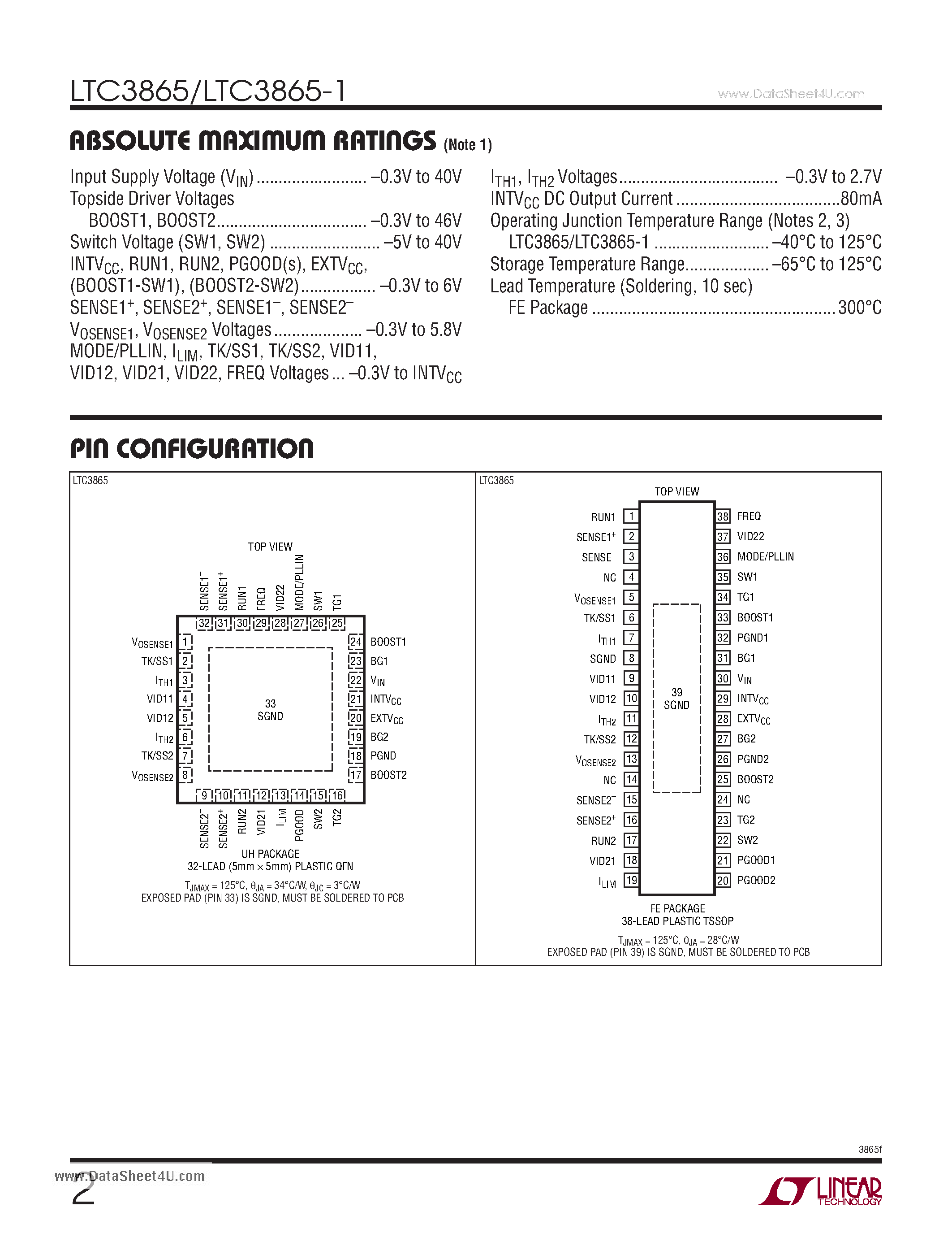 Даташит LTC3865 - Dual 2-Phase Synchronous DC/DC Controller страница 2