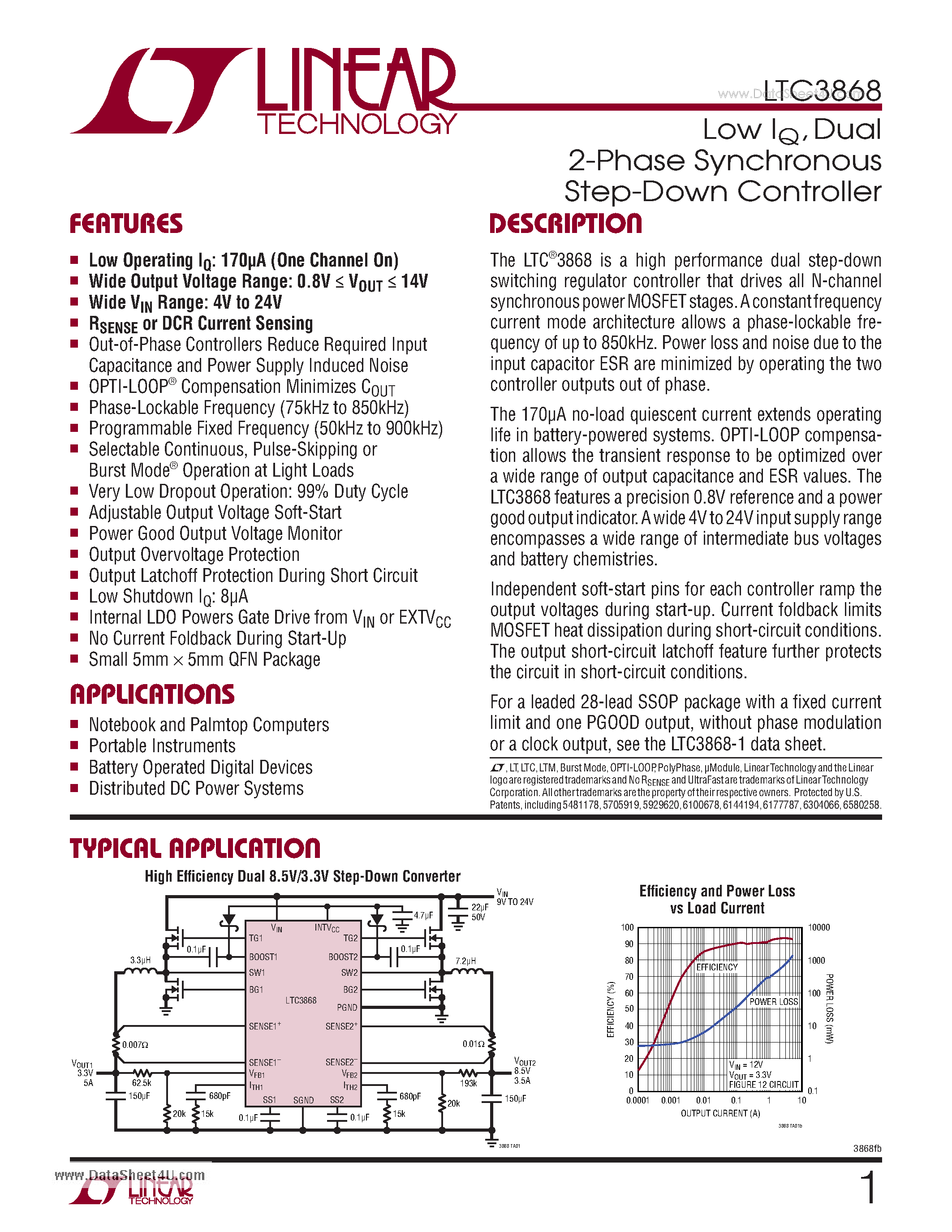 Даташит LTC3868 - Low IQ Dual 2-Phase Synchronous Step-Down Controller страница 1