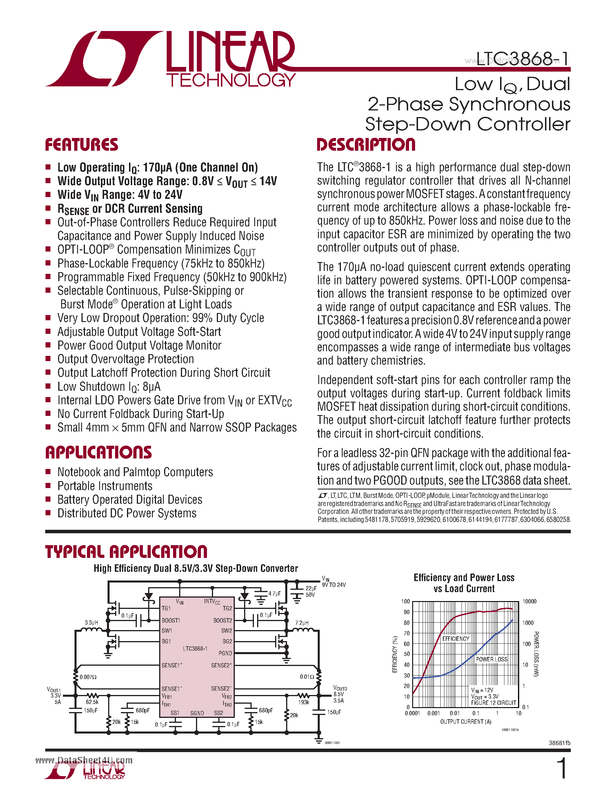 Даташит LTC3868-1 - Low IQ Dual 2-Phase Synchronous Step-Down Controller страница 1