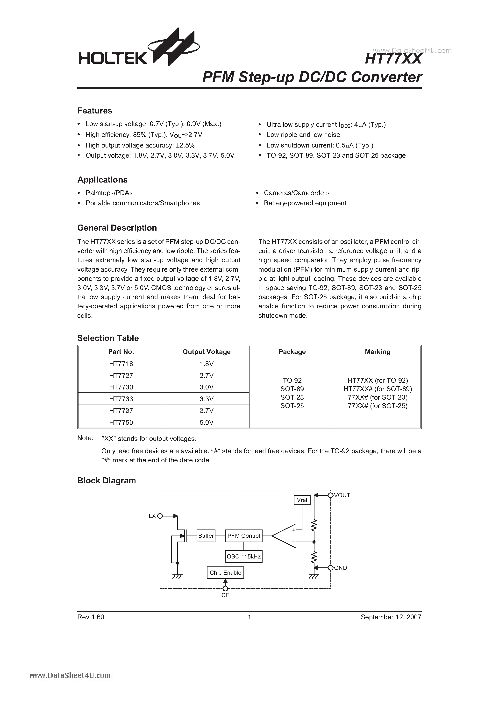 Даташит на микросхему HT7718 страница 1 Даташит HT7718 - PFM Step-up DC/DC Converter страница 1