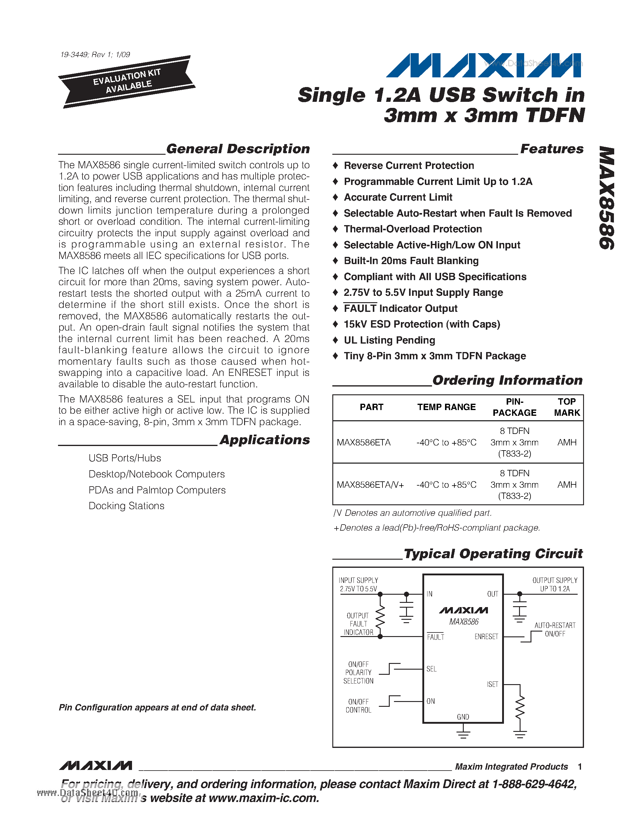 Datasheet MAX8586 - Single 1.2A USB Switch page 1