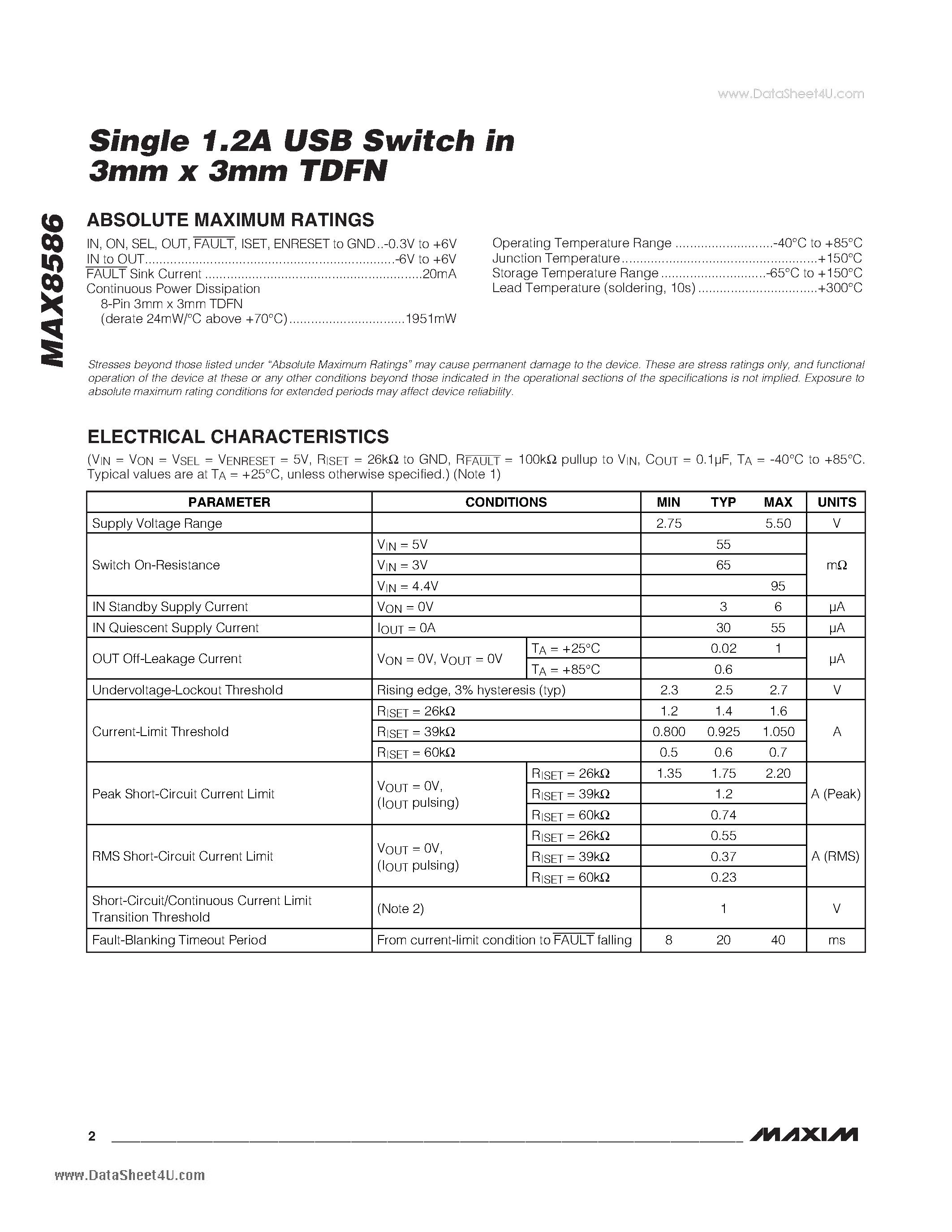 Datasheet MAX8586 - Single 1.2A USB Switch page 2