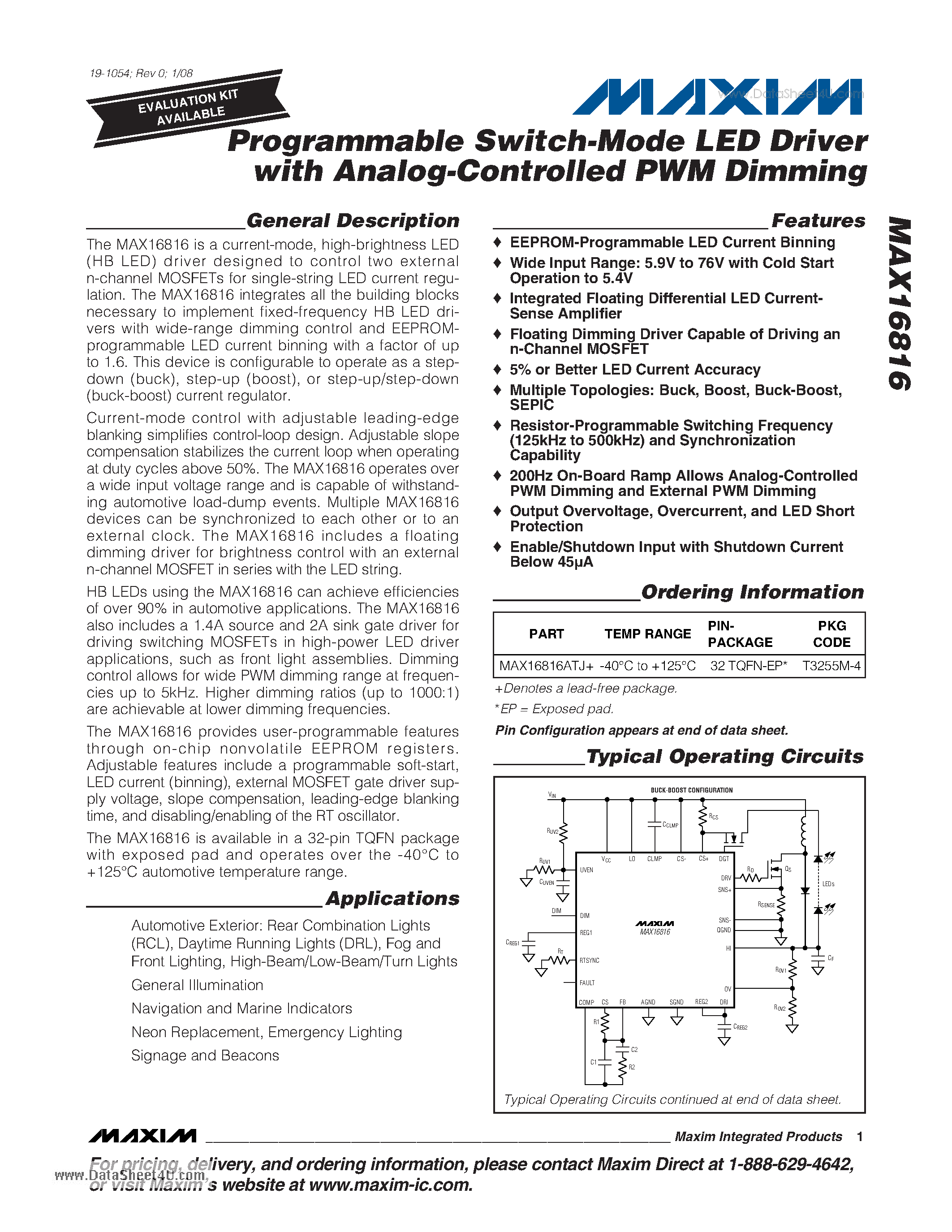 Datasheet MAX16816 page 1 Datasheet MAX16816 - Programmable Switch-Mode LED Driver page 1
