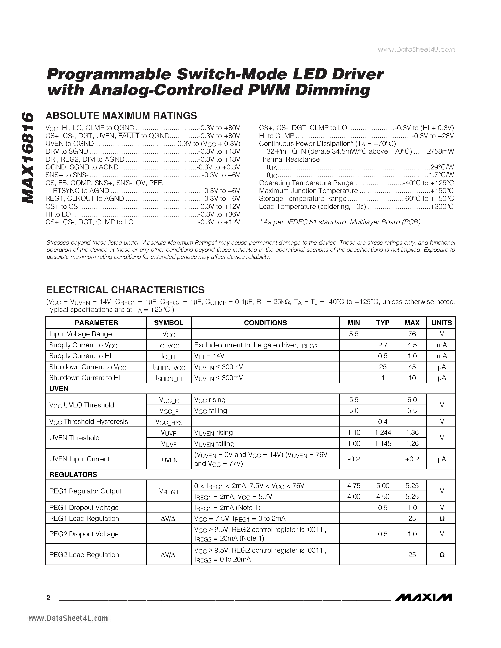 Datasheet MAX16816 page 2 Datasheet MAX16816 - Programmable Switch-Mode LED Driver page 2
