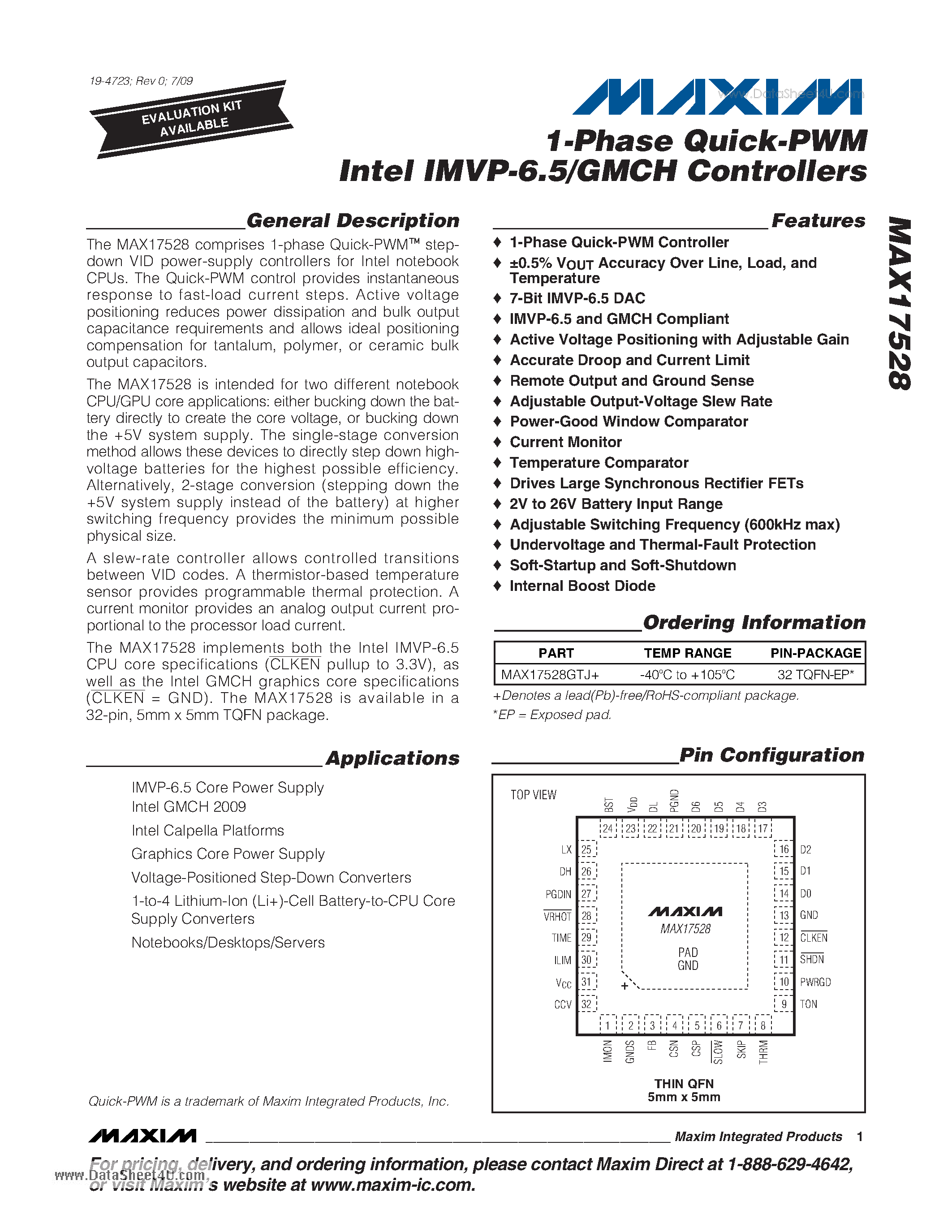 Datasheet MAX17528 - 1-Phase Quick-PWM Intel IMVP-6.5/GMCH Controllers page 1