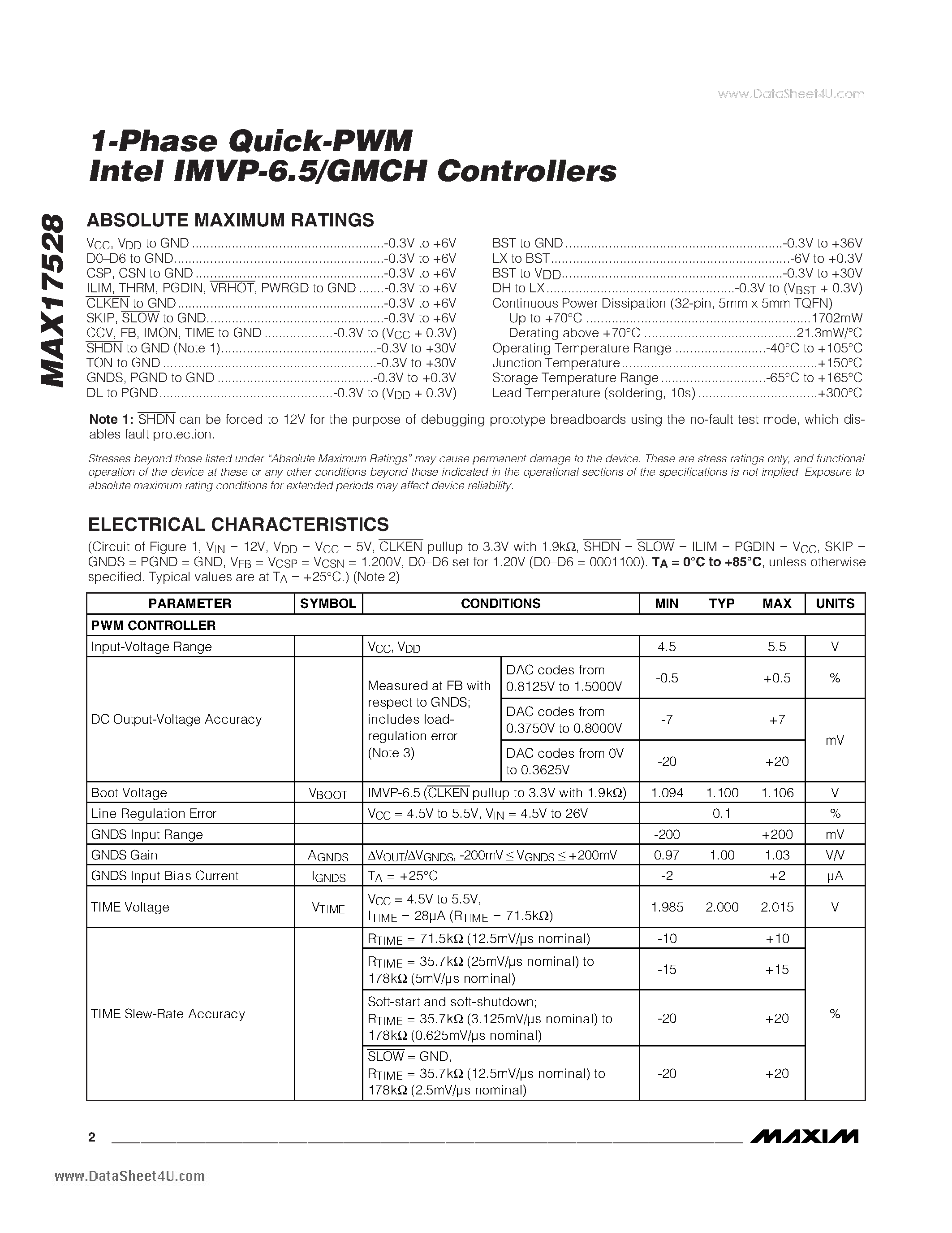 Datasheet MAX17528 - 1-Phase Quick-PWM Intel IMVP-6.5/GMCH Controllers page 2